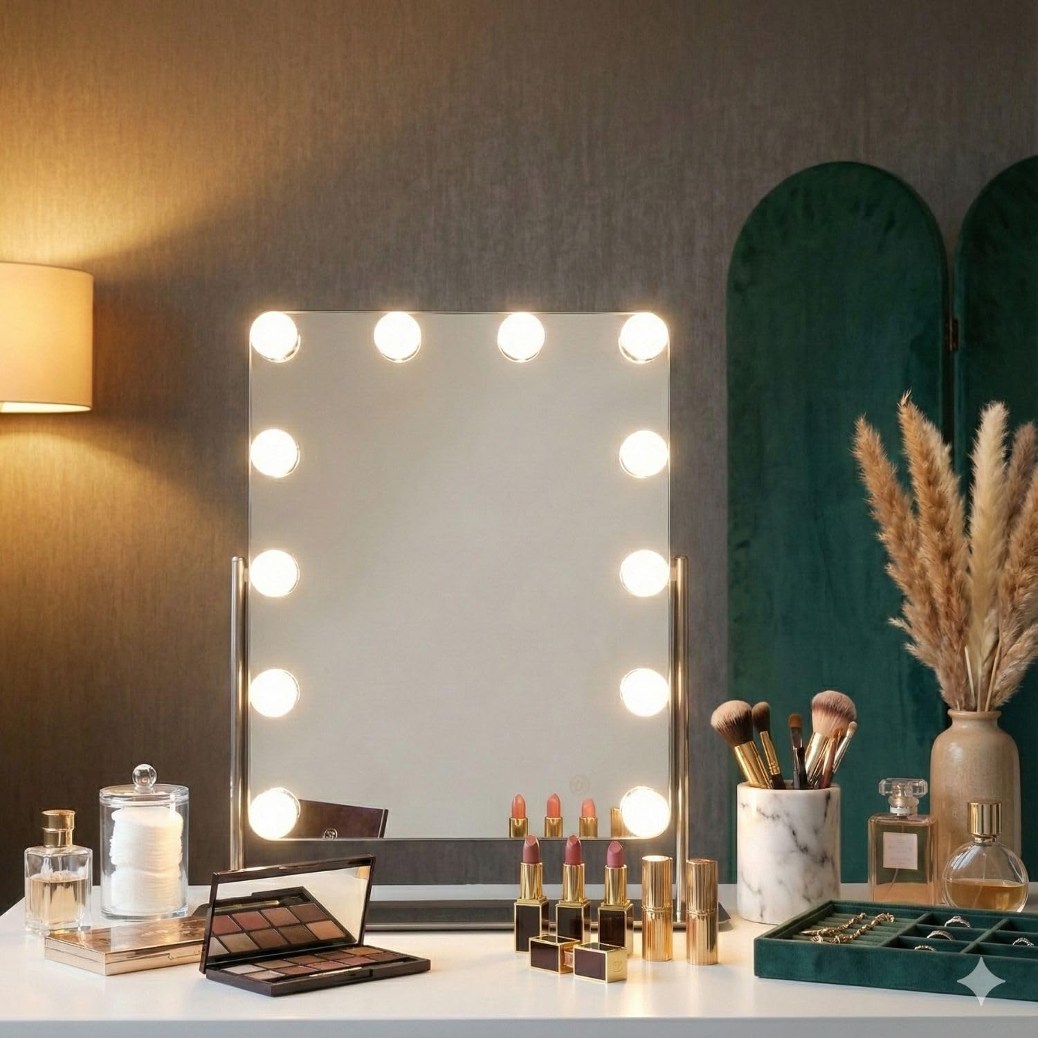 FLINQ Hollywood Miroir avec éclairage - Miroir de Table Rotatif à 360° pour Coiffeuse - Miroir cosmétique avec 3 Modes d'éclairage - 12 LED à intensité Variable - Miroir de Maquillage 38 x 46,2 cm