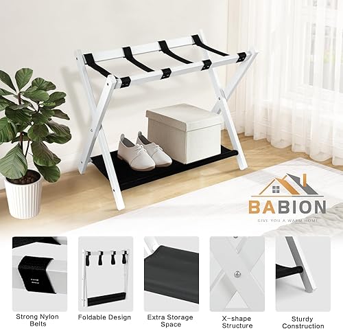 Miniatura 2 de Babion Portaequipajes plegables con estante, soporte de maleta de madera, 2 niveles plegables con cinturones de nailon resistentes, soporte para