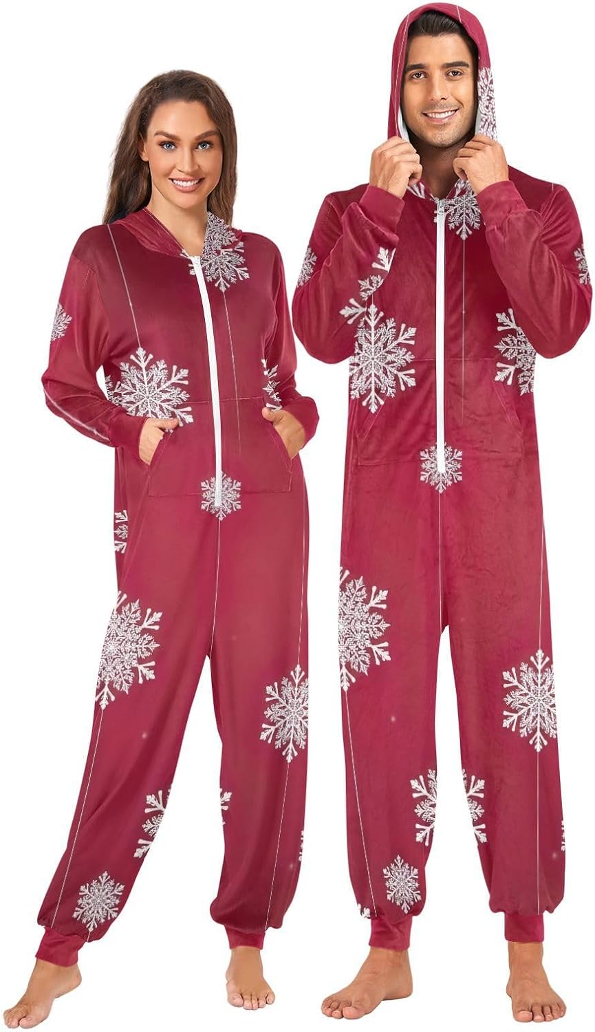GAIREG White Snowflakes Red Christmas One-Piece Pajama Jumpsuits, Funny Onesie for Men's Women's