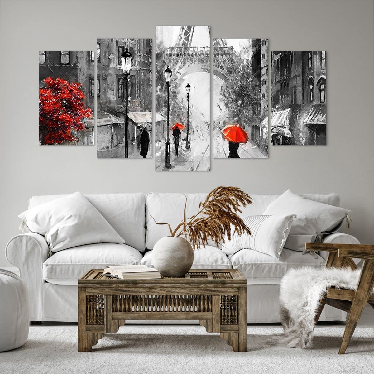 Deco Cadre Décoration Salon Paris ville maison Moderne Impression sur Toile 160x85cm Image Tableau Decoration Murale Chambre Triptyque 5 parties Art Wall Tableaux Decoratifs Muraux EA160x85-3942