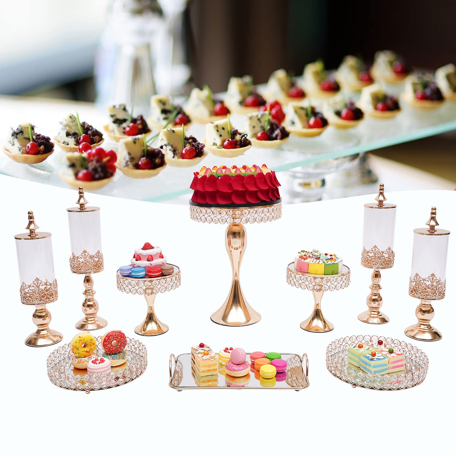 DNYSYSJ Metal Crystal Gold Cake Stands for Dessert Table 10pcs Wedding Cake Stand Set Cupcake Stand Acrylic Mirror Pastry Trays Birthday Party Celebration