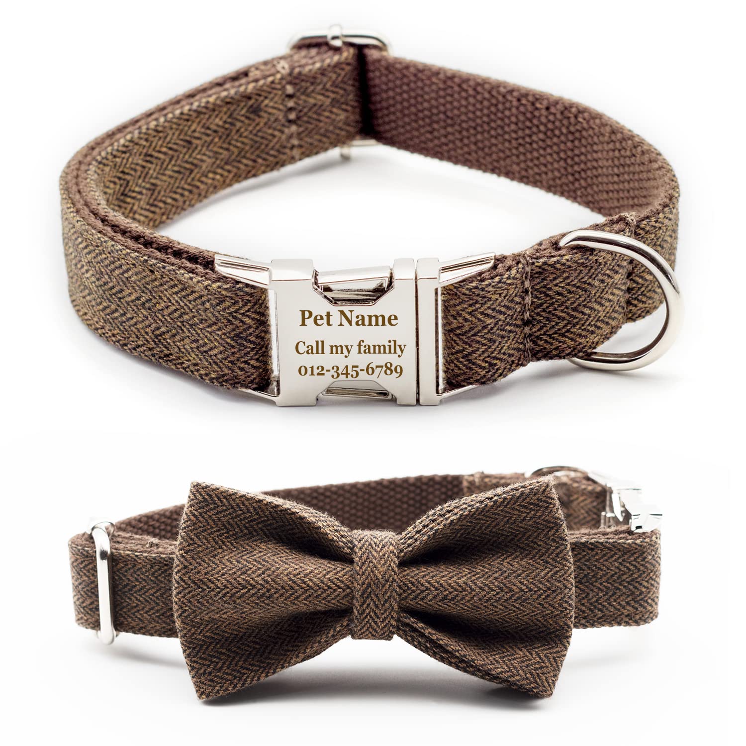 Engraved Dog Collar Personalized Name Adjustable (Dark Brown Thick Suit)