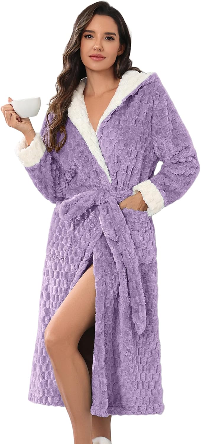 Ekouaer Womens Plush Robes Long Soft Jacquard Fluffy Bathrobe Hooded Robe Sleepwear with Pockets
