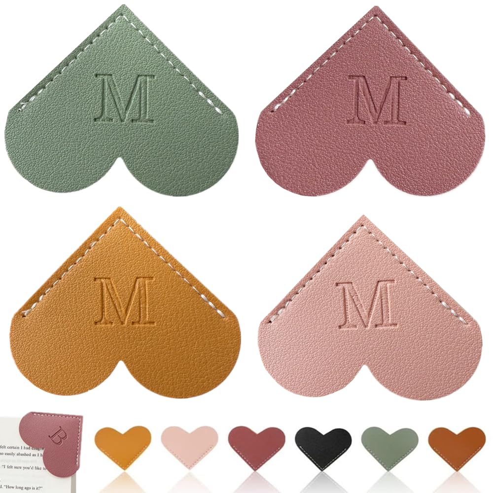 Personalized Leather Heart Bookmark, 26 Letters Customized Corner Book Mark for Reading Women, Book Marker with Initials，Cute Gifts (Light Pink+Deep