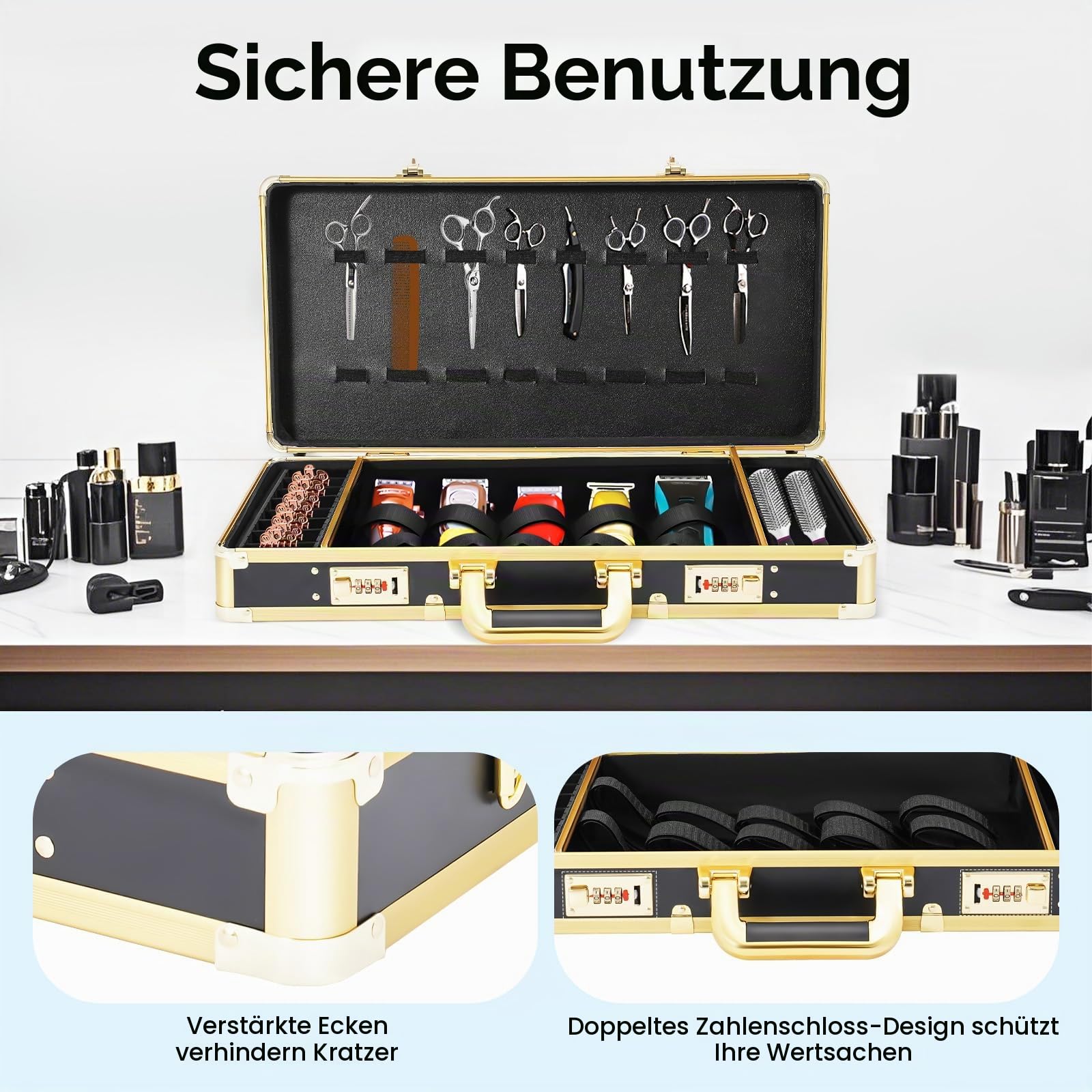 MINRS Tragbarer Barber Case mit Sicheres Passwortschloss, Barber Tragekoffer Barber Salon Stylist Carrying Suitcase Friseur Tool Organizer for Scheren, Trimmer, Kämme, Bürsten 55 x 27 x 10 cm Schwarz
