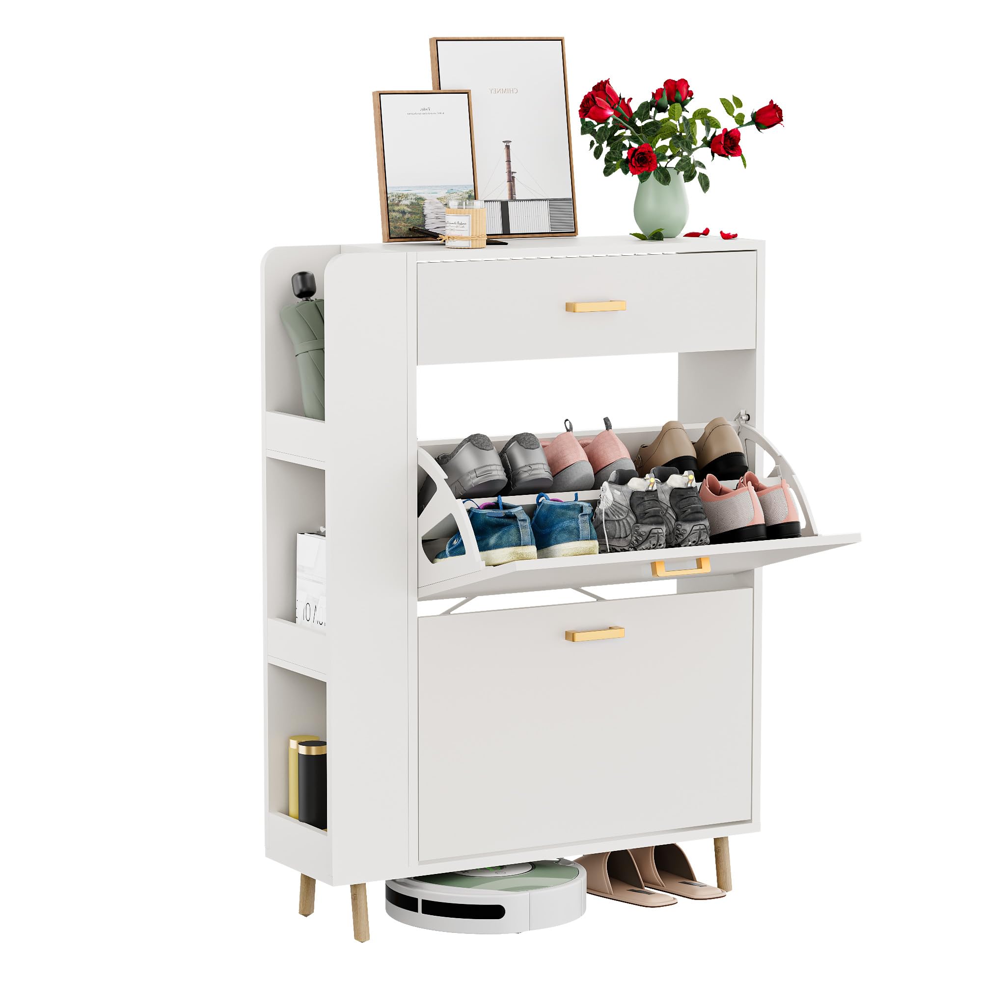 Scarpiera Salvaspazio Slim con 1 cassetto e 3 scomparti Scarpiera a 2 ante con 4 gambe in legno massello Può contenere 12-16 paia di scarpe 80x24x110cm Bianca (EUR≤45)