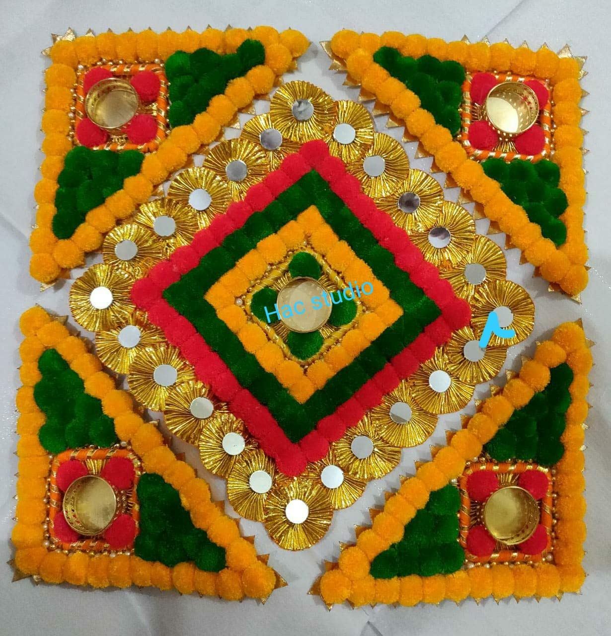 MADHULICA CANDLES Plastic Artificial Marigold Flower Mat/Aasan/Rangoli Mats on Canvas Set of 5