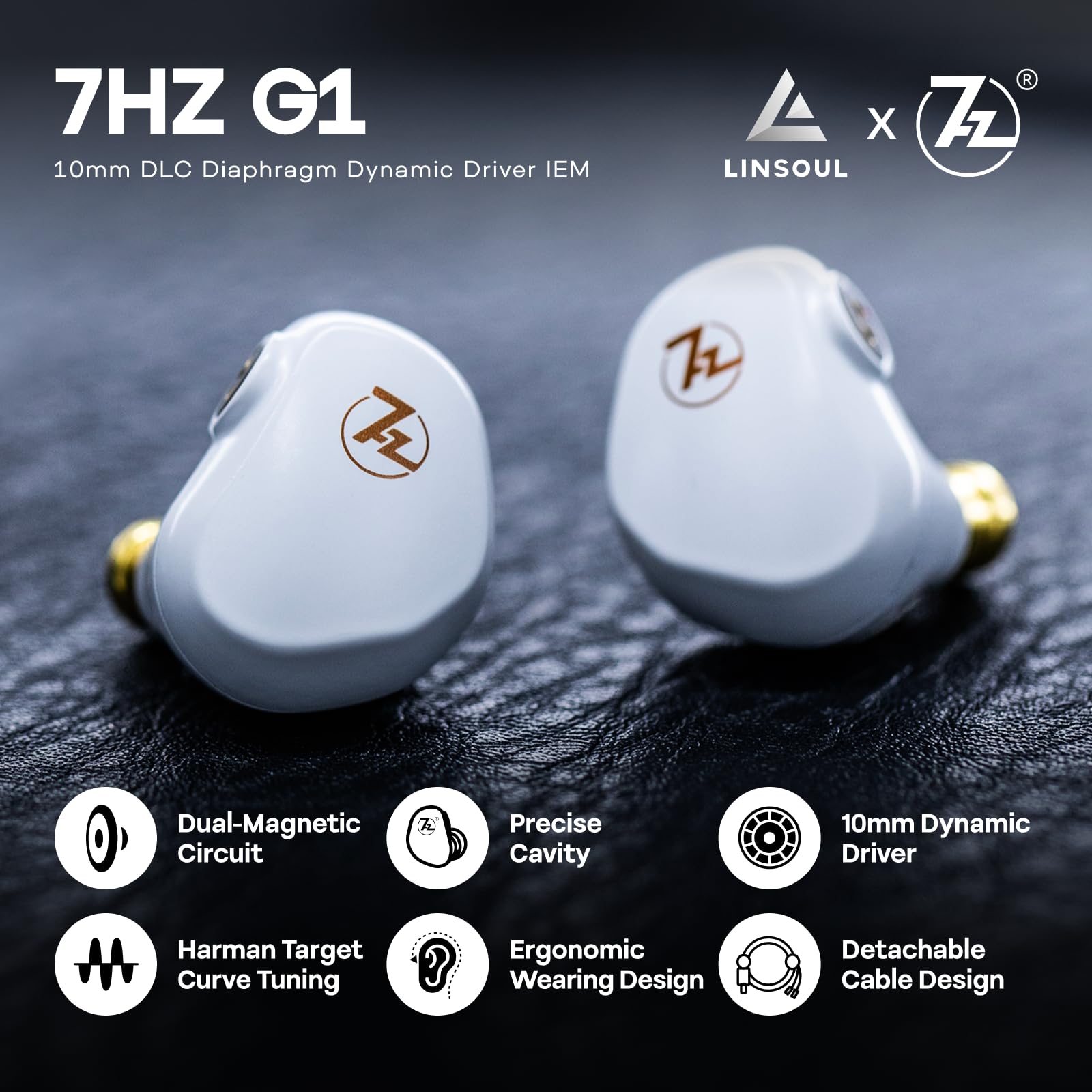 Linsoul 7HZ G1 In-Ear Monitor,Cuffie IEM con Diaframma Dinamico DLC da 10 mm,Auricolari da Gaming con Cavo Placcato Argento OFC Staccabile per Musicisti Audiofili(TypeC Con Mic,Bianco)
