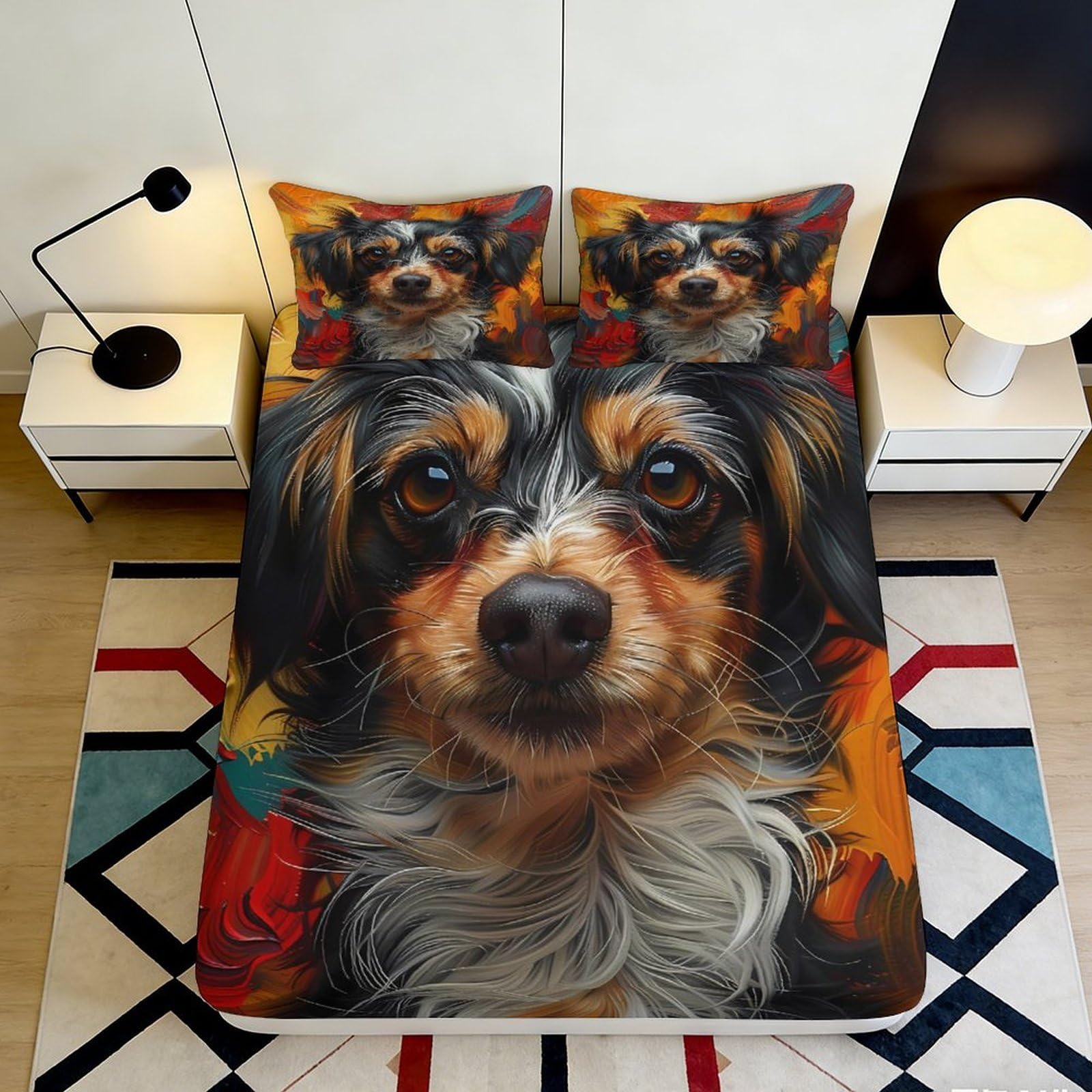 3D Printed Dog Portrait Fitted Sheet Microfiber Soft Slip-Resistant Autumn Leaves Mattress Cover for Bedroom Guest Room 160x200x25cm