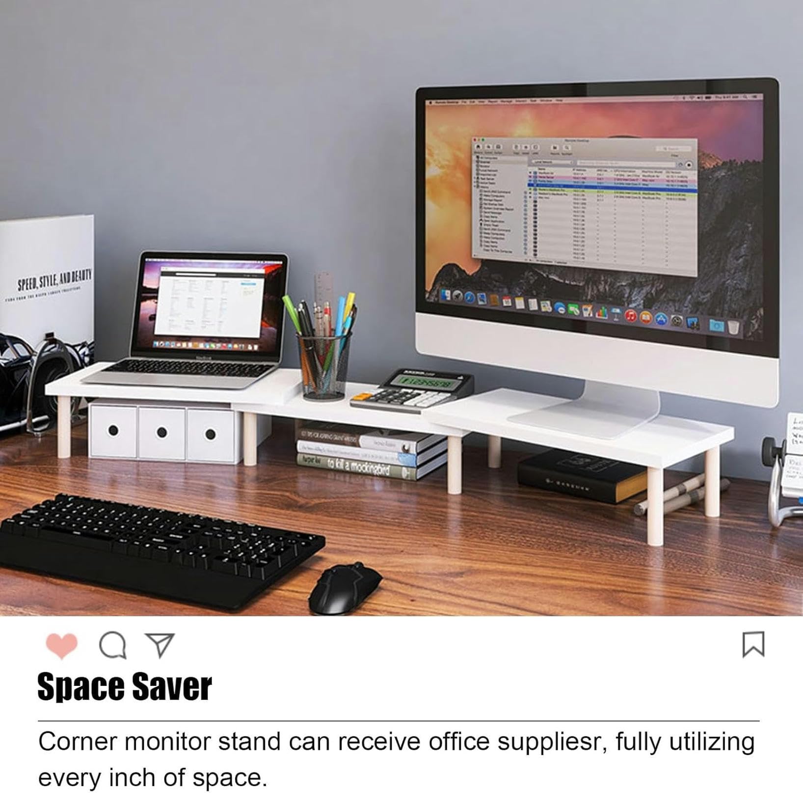 Supporto per monitor da scrivania ad angolo, Ripiano angolare for scrivania in legno bianco a doppia alzata, regolabile in lunghezza, ripiano sovrapposto for organizer da scrivania for laptop/schermo/