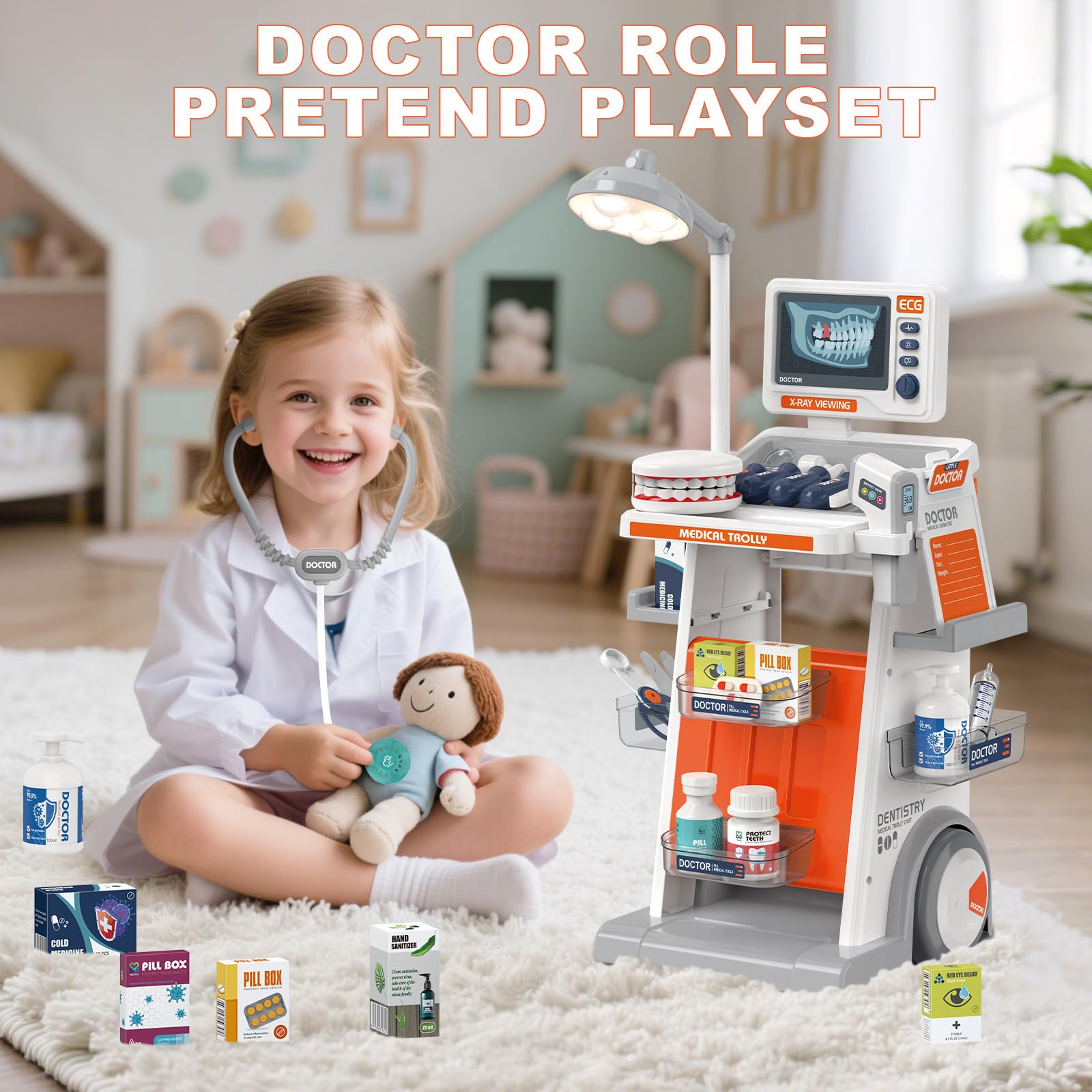 RedCrab Arztkoffer Spielzeug Kinder, 30Pcs Doktorspiele Zubehör Medizinischer Wagen Spielset mit Stethoskop, Thermometer und Spritze, Geschenk für Kinder Rollenspiel Spielzeug ab 3 Jahren