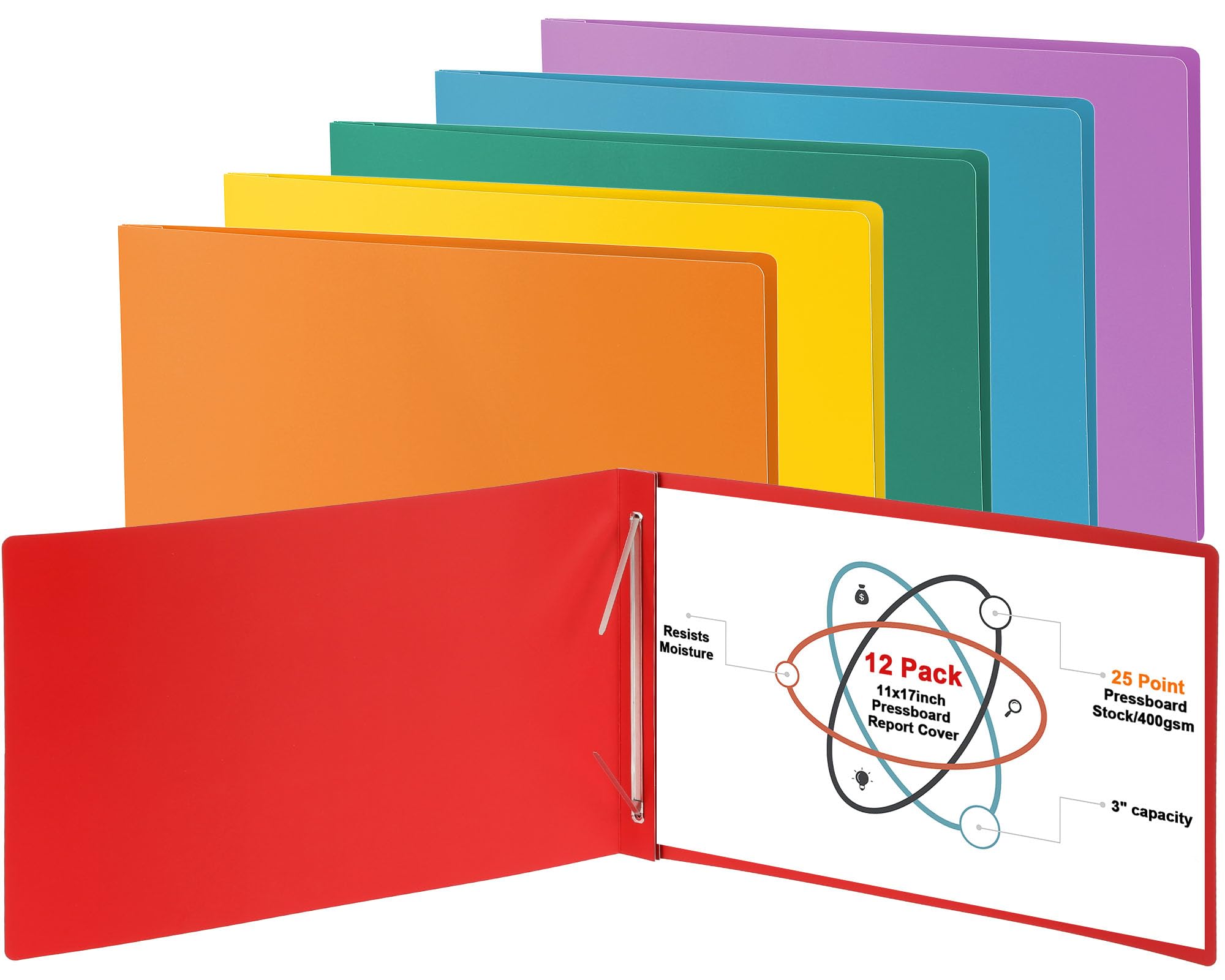 gisgfim 12 Stück 27,9 x 43,2 cm Presskarton-Abdeckung für Berichte, 7,6 cm Kapazität, Metallzinken-Papierverschluss mit Kompressor, Präsentationsmappe zum ordentlichen Binden von Berichten,
