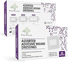 Assorted Adhesive Wound Dressings - 32 Packs for Protection from Infection, Sterile Individually Wrapped, Hypoallergenic, Breathable, Absorbent for Cuts, Grazes, Ulcers, Sores