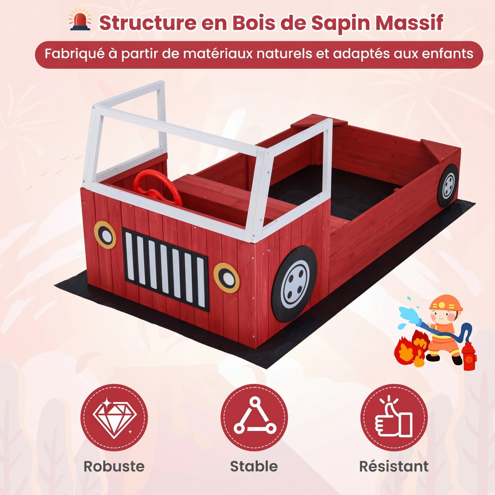 COSTWAY Bac à Sable Enfant Extérieur en Forme Camion Pompiers avec Bancs, Bac à Sable en Sapin avec Volant Rotatif et Doublure, Charge 100kg pour 18 Mois+, Jeux Extérieur Sensoriel pour Jardin Plage