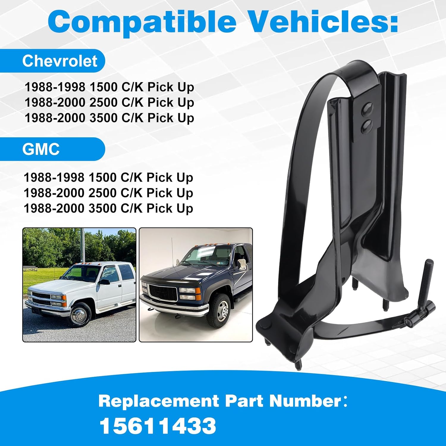 Front Fuel Tank Strap Compatible with Chevrolet & GMC 1988-1998 1500 C/K Pick Up 1988-2000 2500 3500 C/K Pick Up w/6' Bed Electrophoresis Steel Replace #15611433 410520