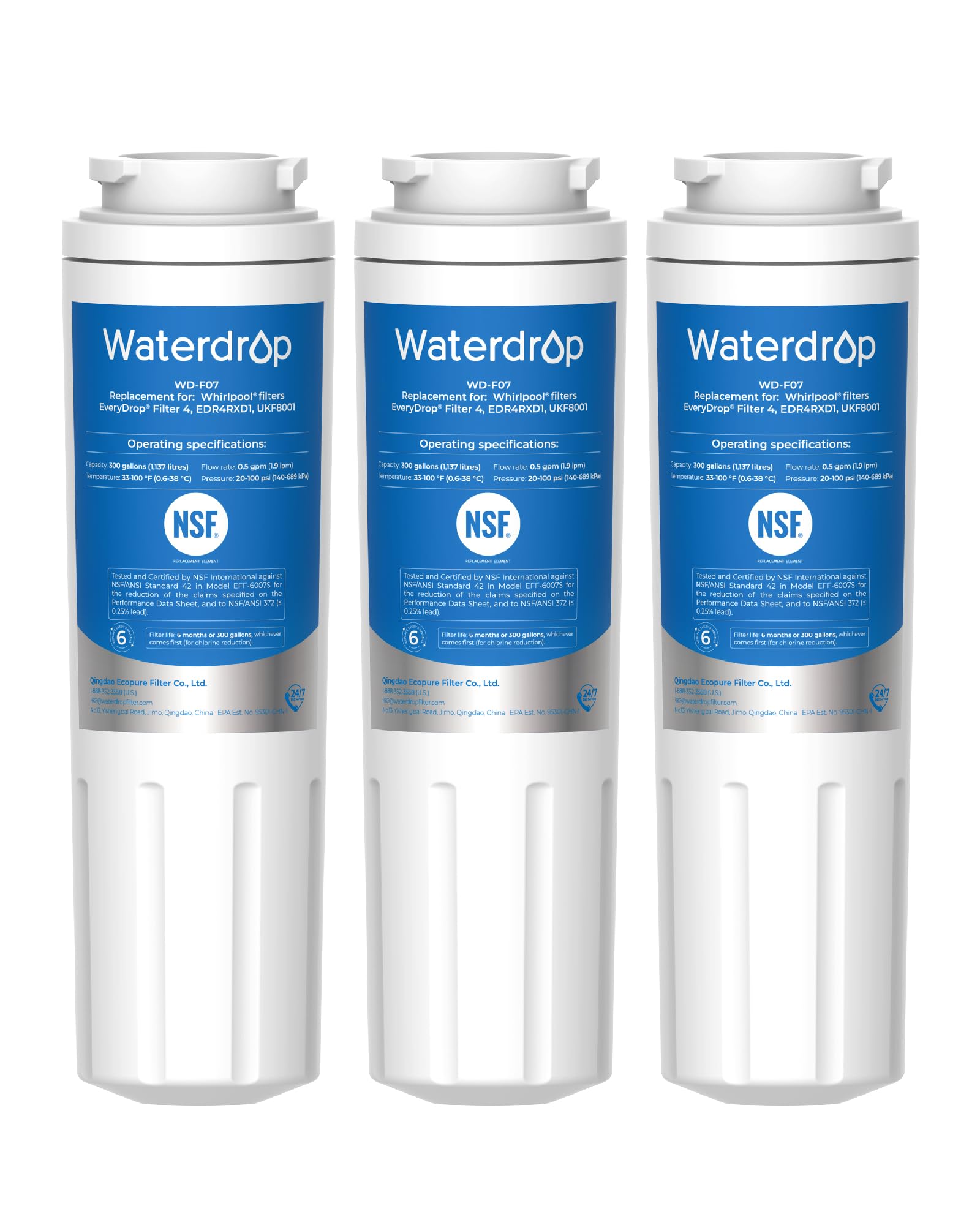 Waterdrop EDR4RXD1 Refrigerator Water Filter Replacement (3-Pack, White) | NSF Certified Purity for Your Kitchen - main product image