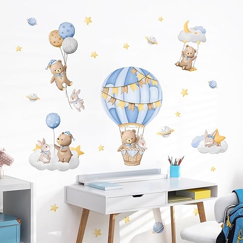 Miniatura 4 de Tanlaby Calcomanías de pared de globo aerostático azul de dibujos animados, oso, conejo, estrellas, planetas, calcomanías de pared para despegar y