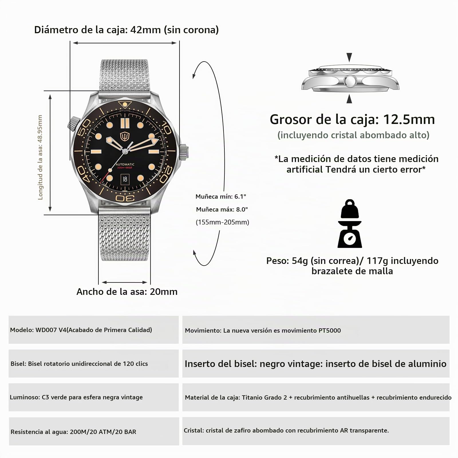 watchdives Relojes Automáticos para Hombres WD007, Reloj de Buceo NTTD de Titanio NH35 Reloj de Pulsera con Cristal de Zafiro Abovedado Resistente al Agua hasta 100 m