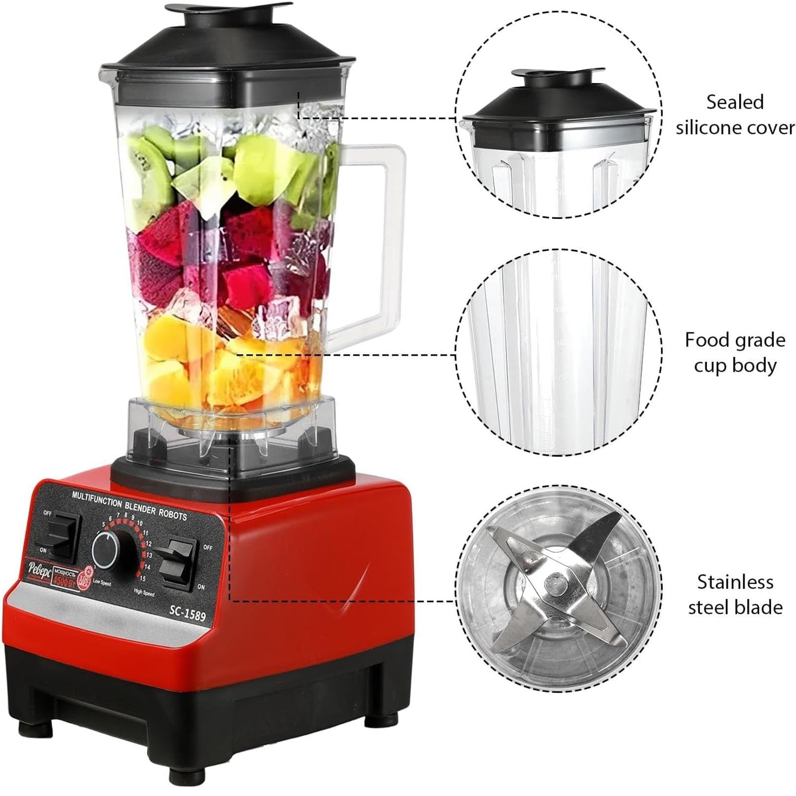 Blender Komercyjny 2L - 4500W Wysoka Prędkość Smoothie Maker Z Kubkiem 650ml, 6 Ostrzy Ze Stali Nierdzewnej, Regulowana Prędkość I Pulse, Sokowirówka Młynek I Kruszarka Lodu