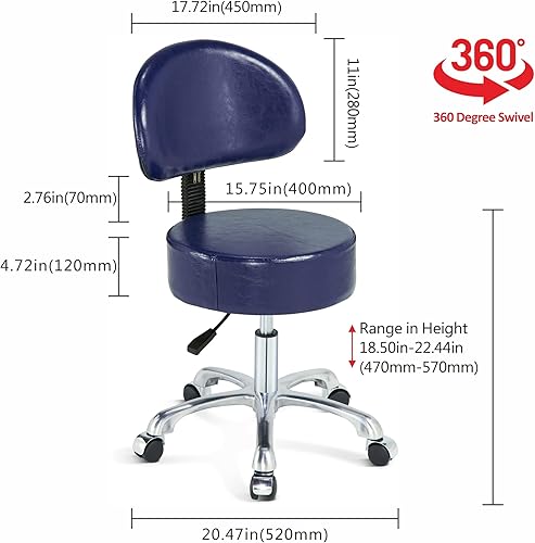 Miniatura 10 de Lilfurni Silla redonda giratoria con ruedas, acolchado grueso y resistente, taburete ajustable con ruedas para médico, médico, salón de masajes,
