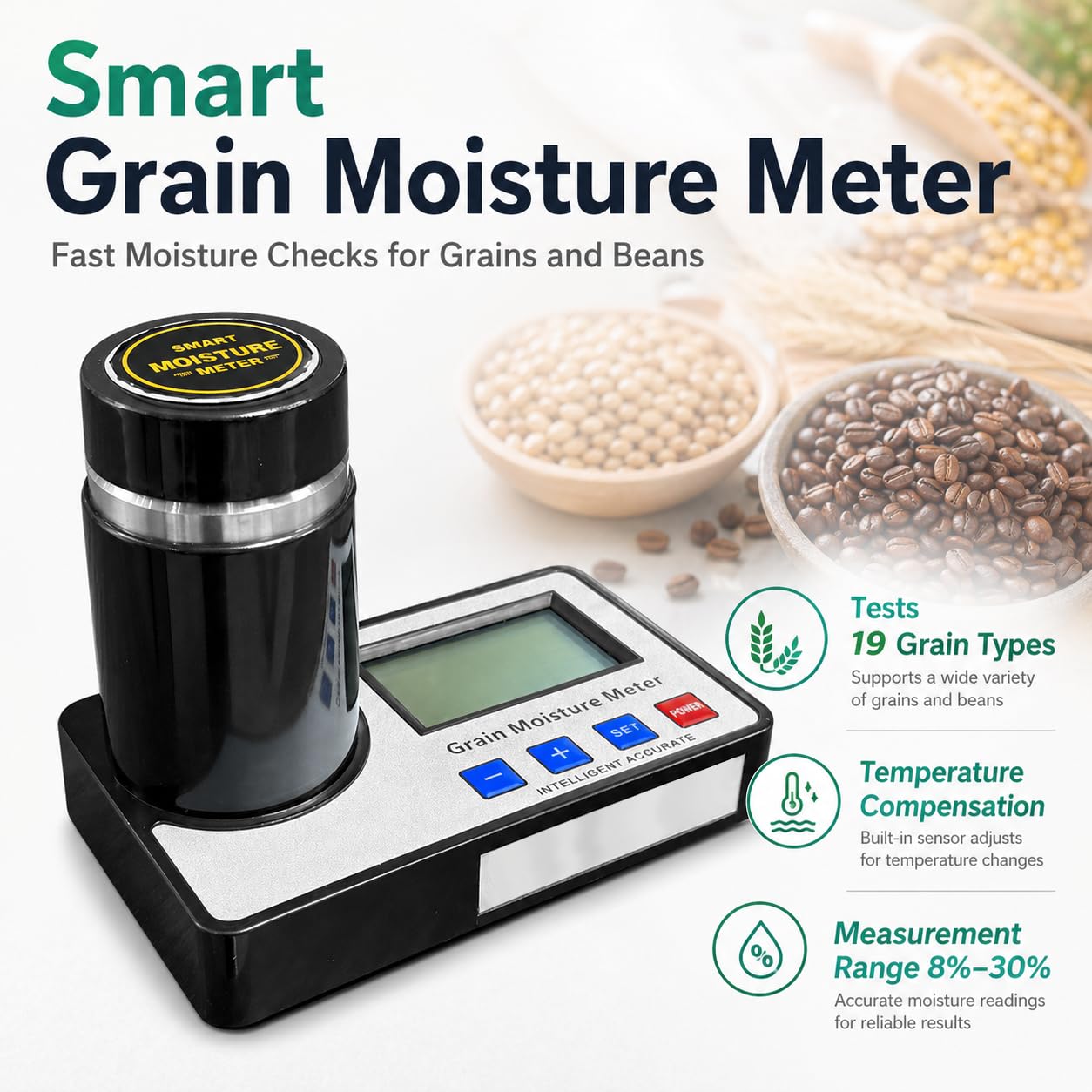 Precyzyjny tester wilgotności ziarna, miernik wilgotności ziaren kawy z kompensacją temperatury, zakres pomiarowy 8~30%, duży wyświetlacz LCD, 0,5% do kawy, nasion, zbóż, pszenicy