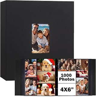 Photo Album 4x6 1000 Pockets, Extra Large Capacity Linen Cover with Front Window 4 x 6 Picture Album Holds 1000 Horizontal and Vertical Photos, Acid-free Pages 4x6 Wedding Family Photo Album (Black)