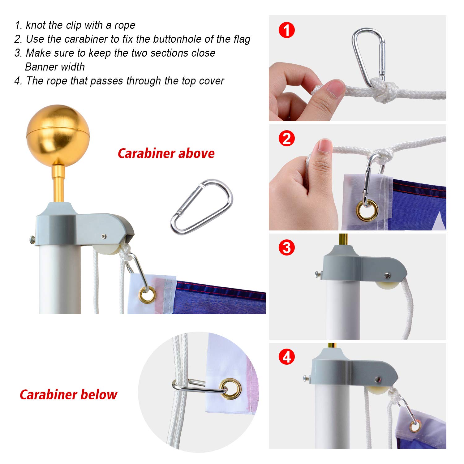 Kit de mástil de bandera seccional de 16 pies, aluminio extra grueso resistente para exteriores con bandera estadounidense de poliéster de 3 x 5 pulgadas y bola dorada, para residencial o