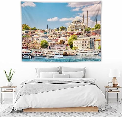 Miniatura 5 de Tapiz de paisaje con cuerno dorado de la Bahía de Estambul de 60 x 80 pulgadas, tapiz estético para colgar en la pared, decoración del hogar,