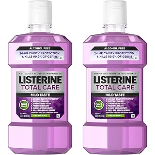 Listerine Total Care Alcohol-Free Anticavity Mouthwash, 6 Benefit Fluoride Mouthwash for Bad Breath and Enamel Strength, Fresh Mint Flavor, Twin Convenience Pack, 2 x 1 L