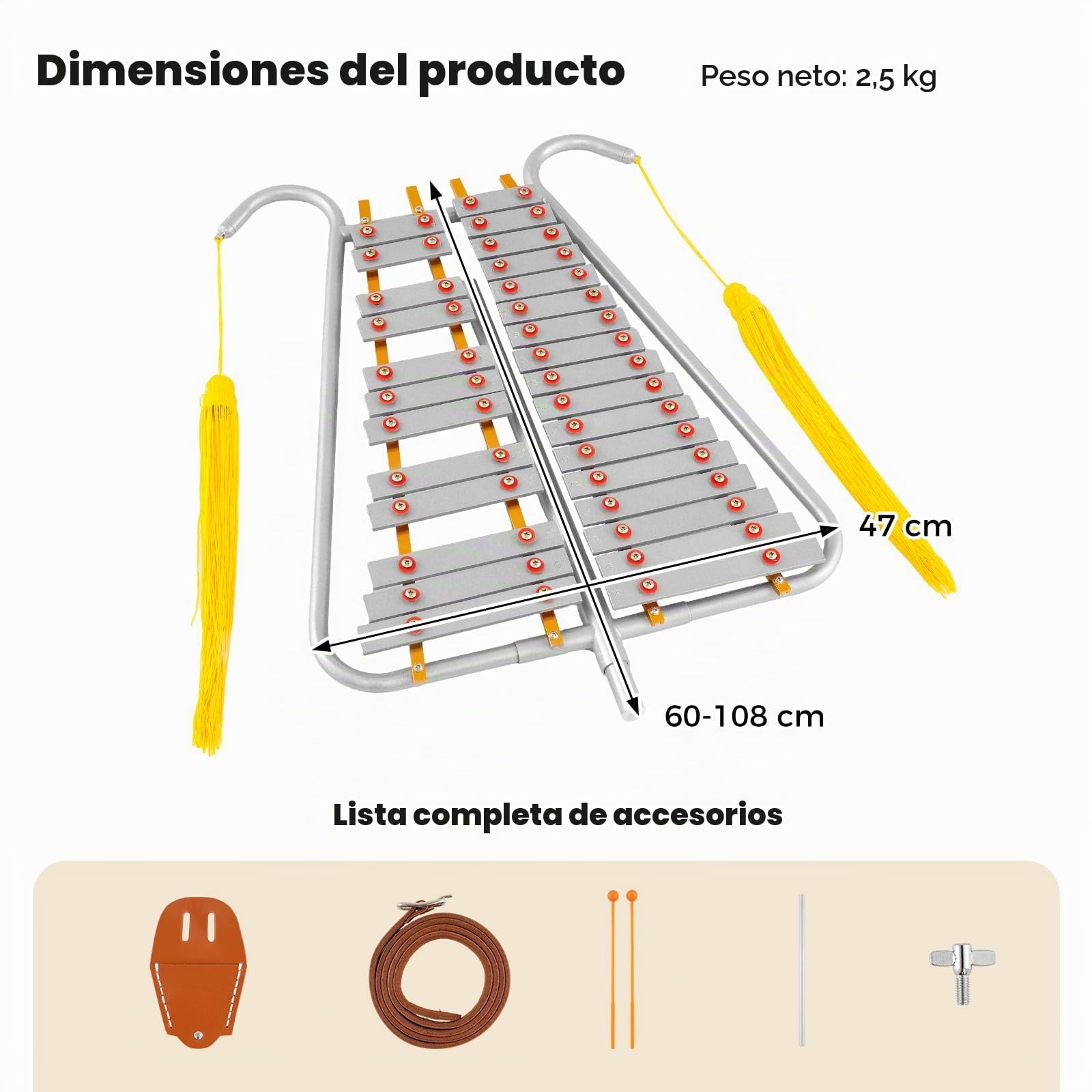 KOMFOTTEU Xilófono de Marcha de 29 Notas, Carillón de Aluminio con Mango Ajustable, Instrumento de Percusión con 2 Mazos y Cinturón, Glockenspiel Musical para Principiantes y Profesionales
