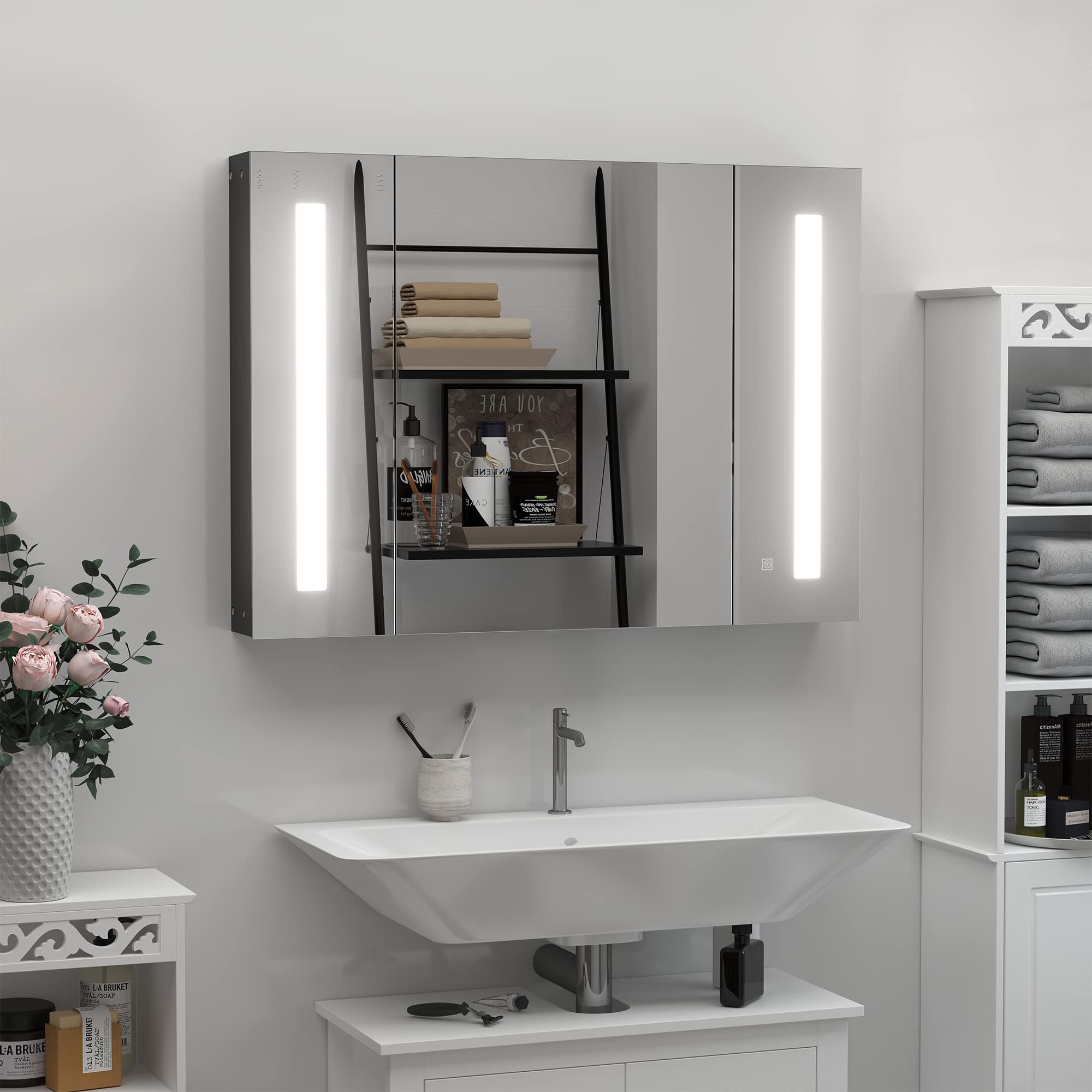 kleankin Wall Mounted Mirror Cabinet,LED Lighted Medicine Cabinet with 3 Doors, Adjustable Shelves, Memory Function and USB Charge, High Gloss Black