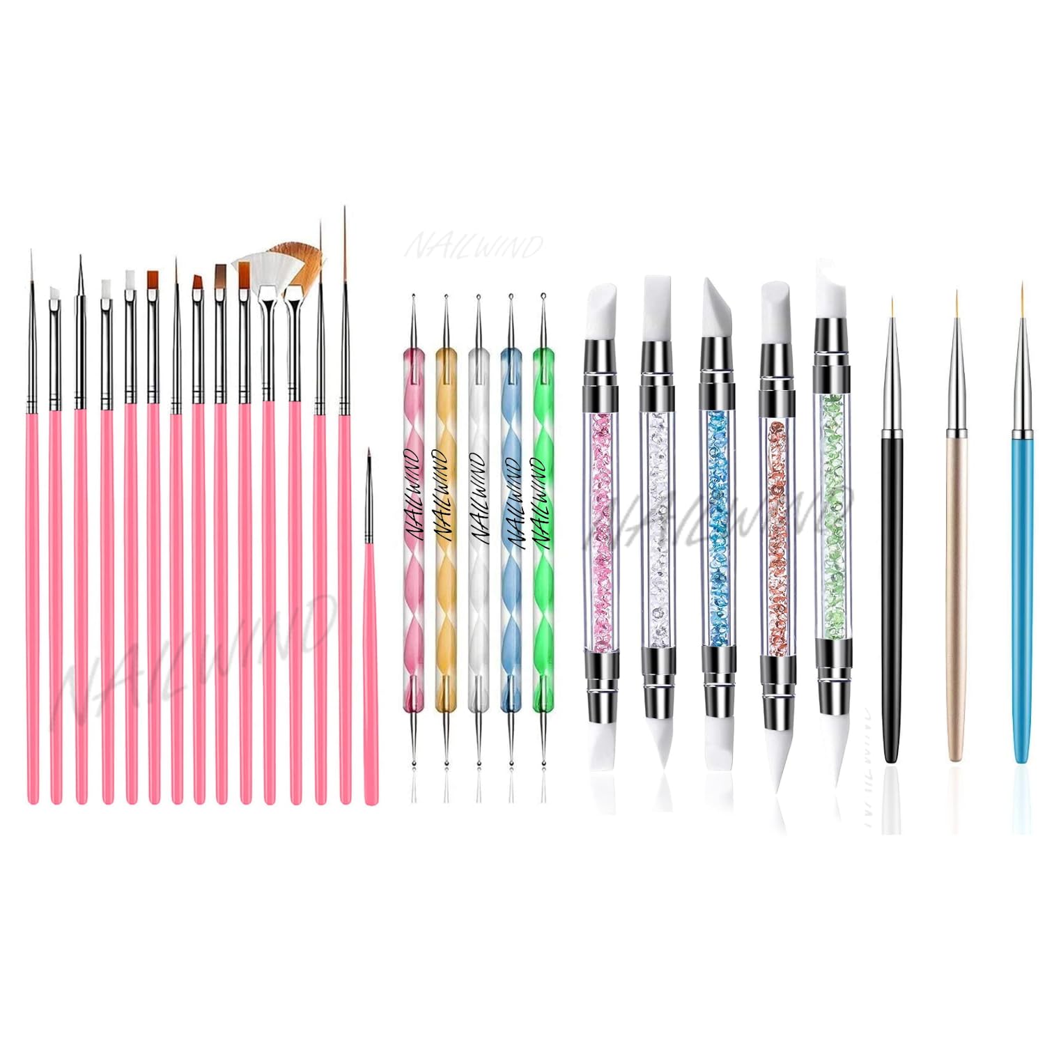 NAILWIND 28 pcs Nail Art Brush kit,15 pcs Nail Art Brushes Kit with 5 pcs Nail Dotting Pens, 3Pcs Nail Art Liner Brush, 5 Pcs Silicone Nail Art Sculpture Pen, Dual Tipped Silicone Rhinestone Nail Polish Carving Pen, Multicolored-image-28