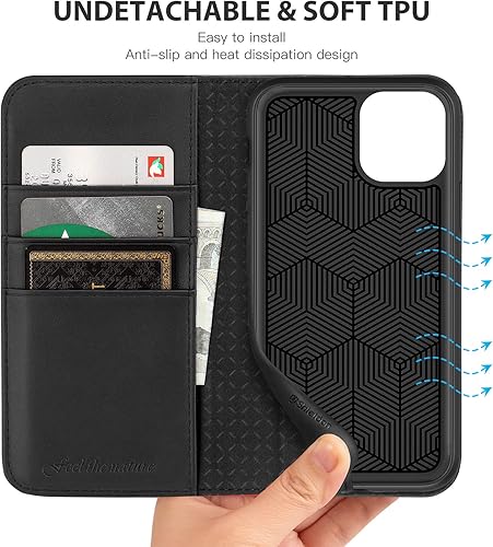 Miniatura 8 de SHIELDON Funda tipo cartera para iPhone 11, funda de piel auténtica para iPhone 11, función atril, tarjetero con bloqueo RFID, funda magnética de