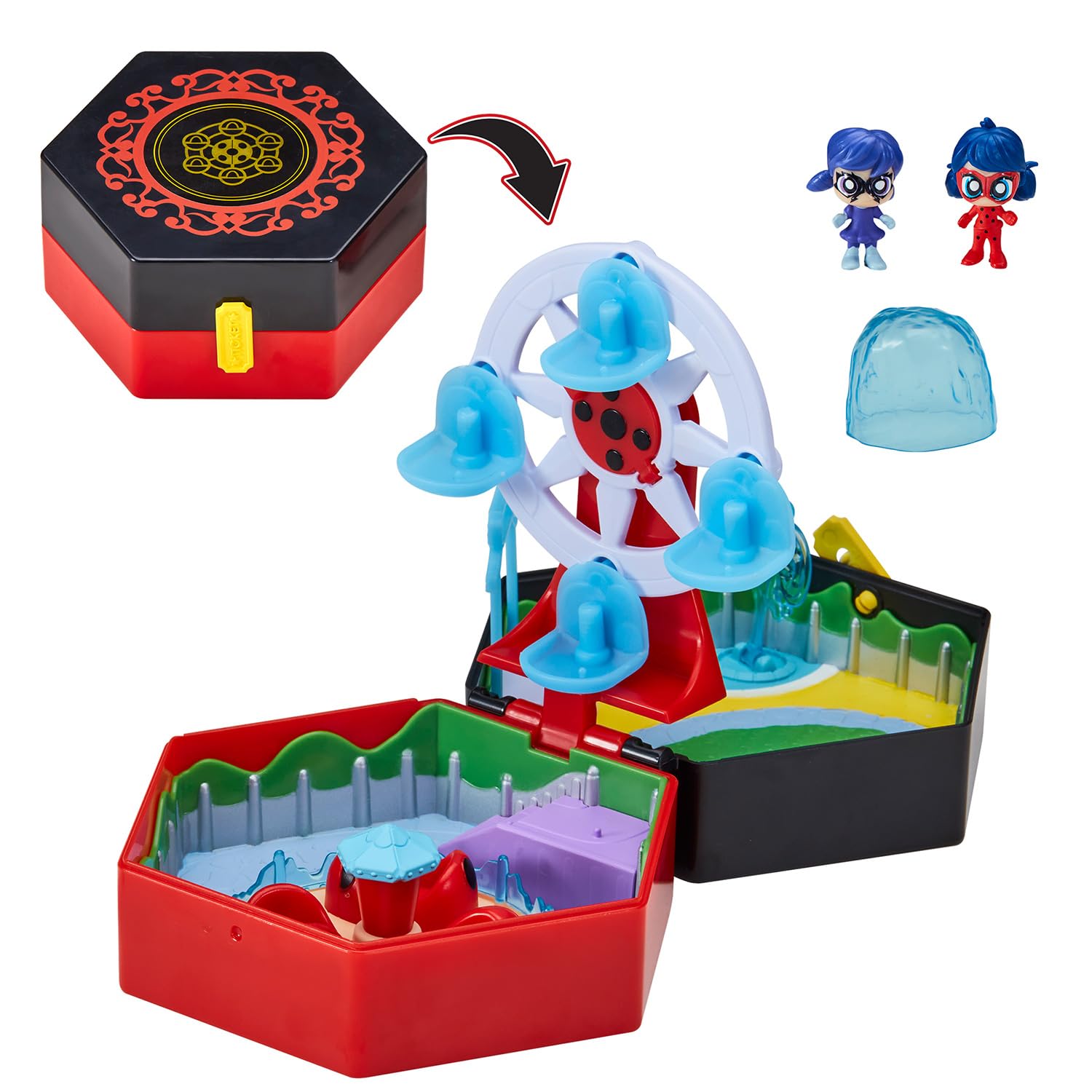 Miraculous Bandai Chibi Miracle Box Playset Amusement Park | 2 Chibi Mini Figures Included In This Box Playset Gift For Girls And Boys | Travel Toys With Water Fountain, Carousel & Ferris Wheel