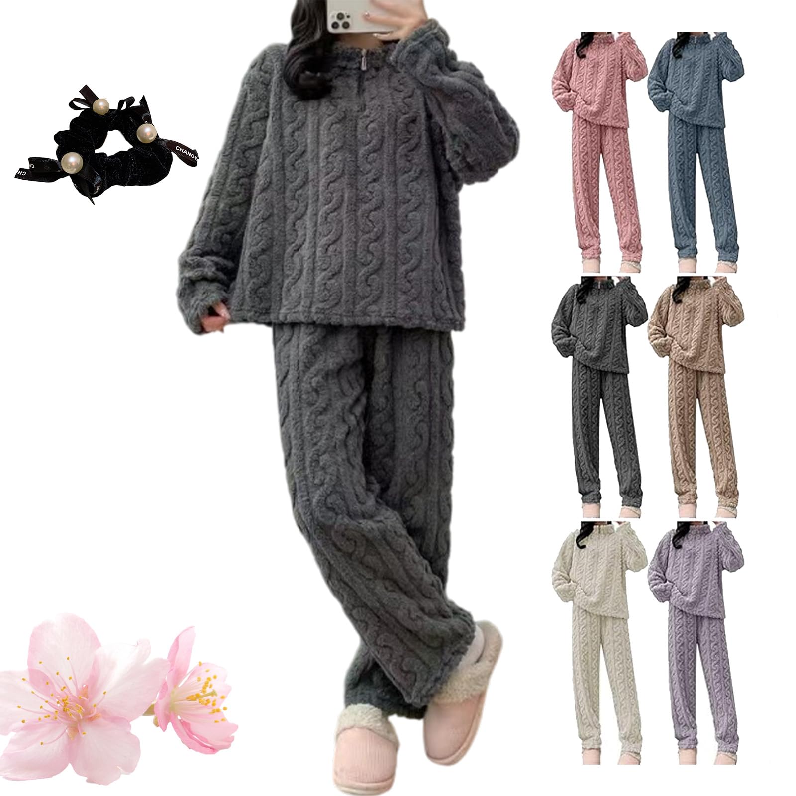 Qosneoun Women Fleece Pyjamas, Fluffy Soft Warm Cosy Loungewear Sets, Quarter Zip Pullover And Wide Leg Pants 2 Pieces Nightwear (Gray)