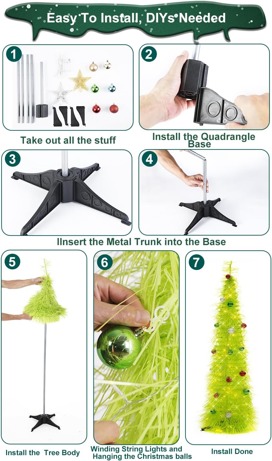 Christmas Tree 5ft Valentines Day with Light Balls Ornaments Hairy Pop Up Pencil Tinsel Collapsible Stand for Xmas Holiday Party Decorations, Home Office Display Decor, Fruit Green