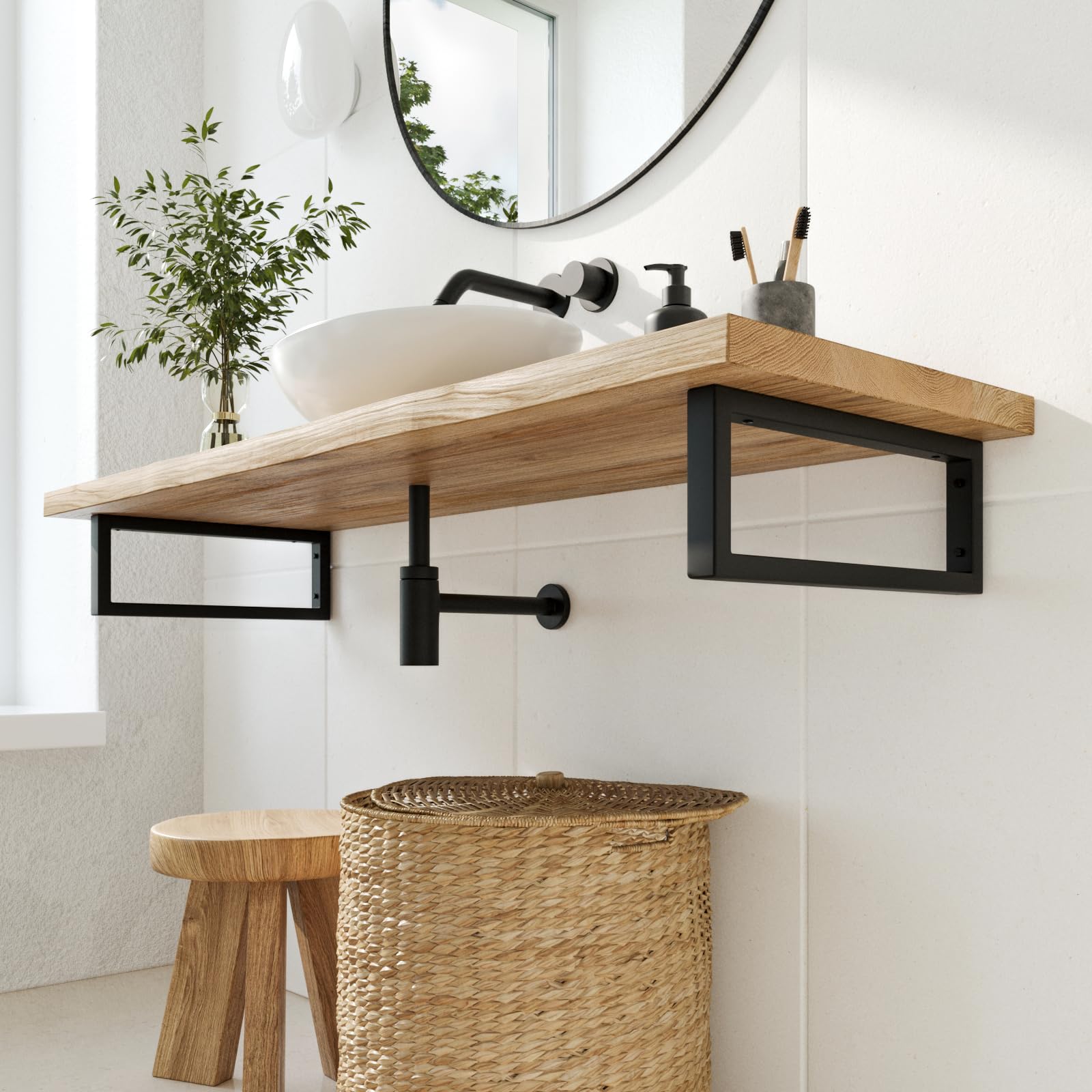 HEVVA 2er-Set Waschtischhalterung - RHEIN - Höhe 15 cm (40 cm, Schwarz) | Waschtischbefestigung, Halterung Waschtischplatte, Wandkonsole für Aufsatzwaschbecken, Waschtischkonsole, Waschtischträger