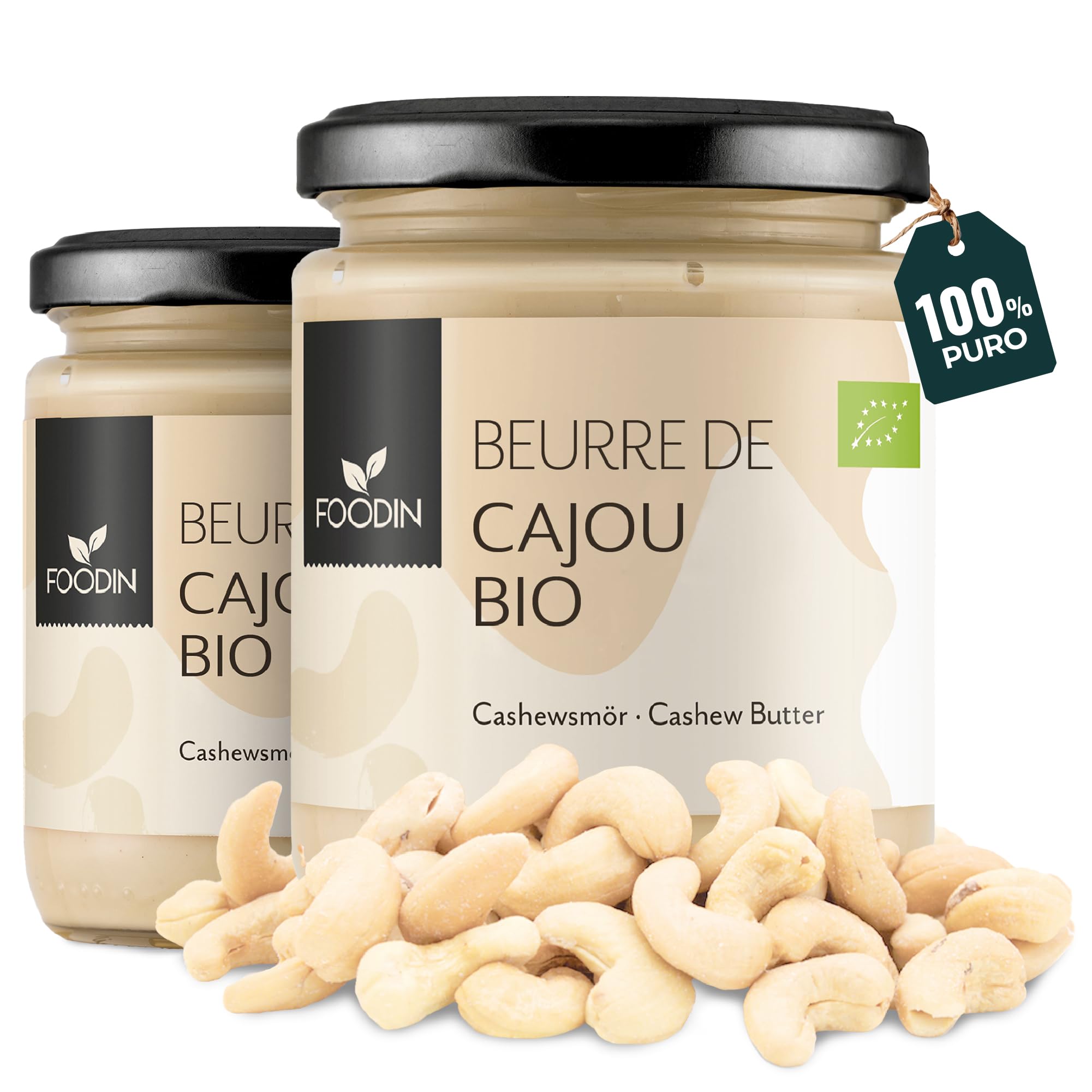 FOODIN Noix de cajou bio dans un verre – 100 % naturel noix de cajou, beurre de cajou (2 x 250 g)