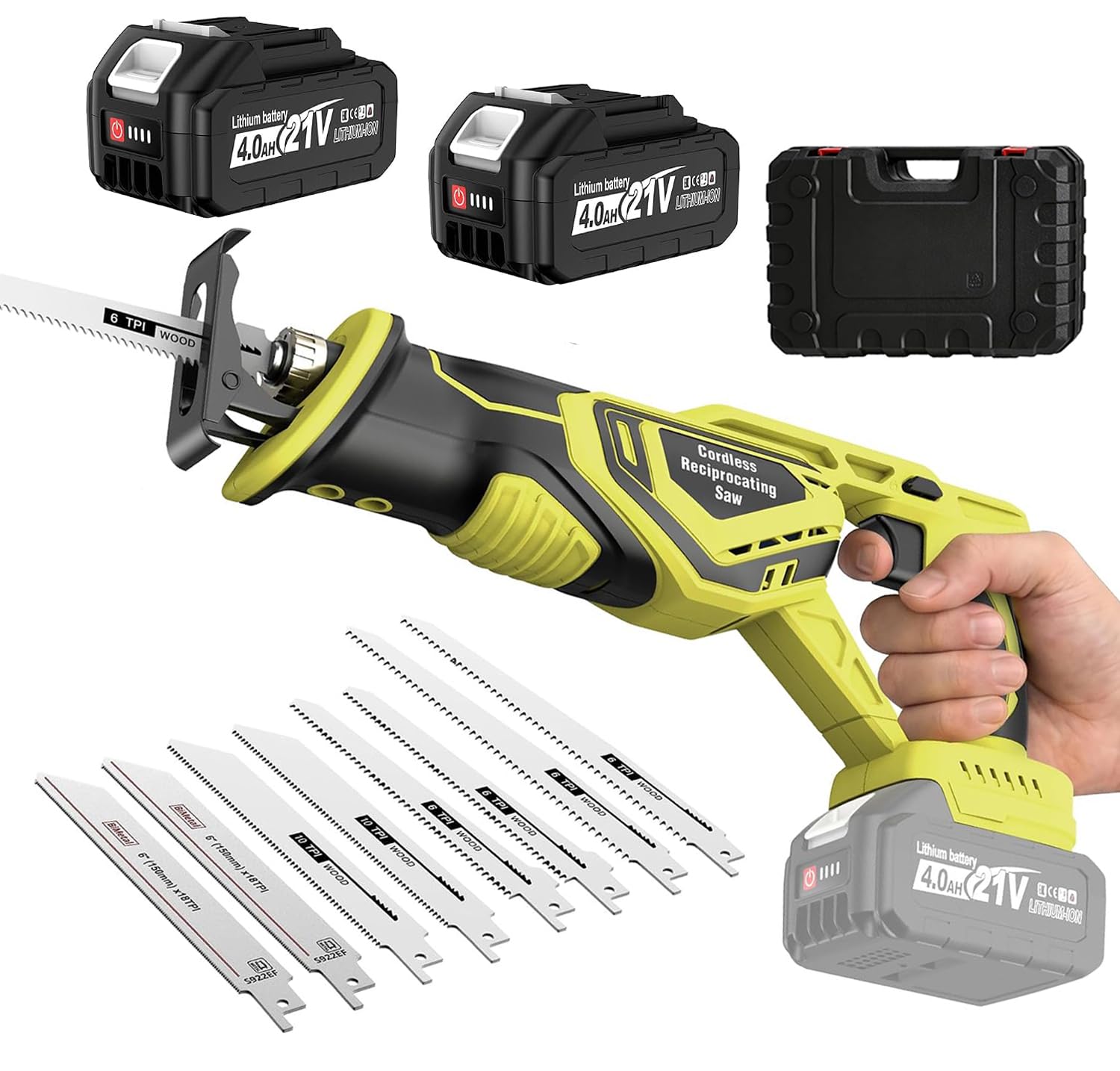 YEARTOP Sierra de sable con batería, 21 V, sin escobillas, 3500 RPM, con 2 baterías de 4000 mAh y cargador, sin herramientas, cambio de hoja de sierra de recipro, juego con 8 hojas para madera, metal