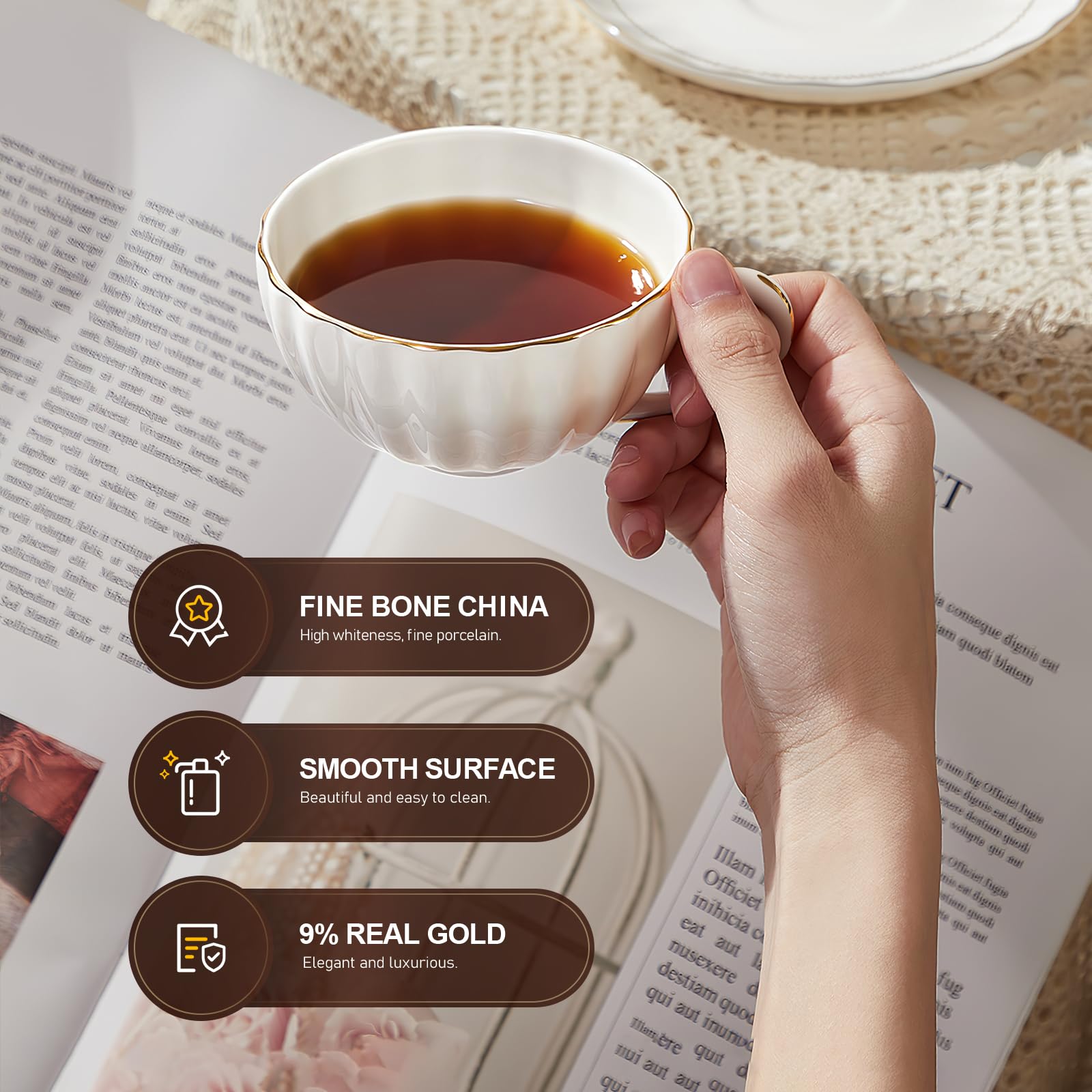 IQCWOOD Tasse à thé et soucoupes de 173 ml avec bordure dorée, tasse à thé en porcelaine anglaise pour café, cappuccino, expresso pour fête, café, maison, cadeau de fête des mères (blanc)