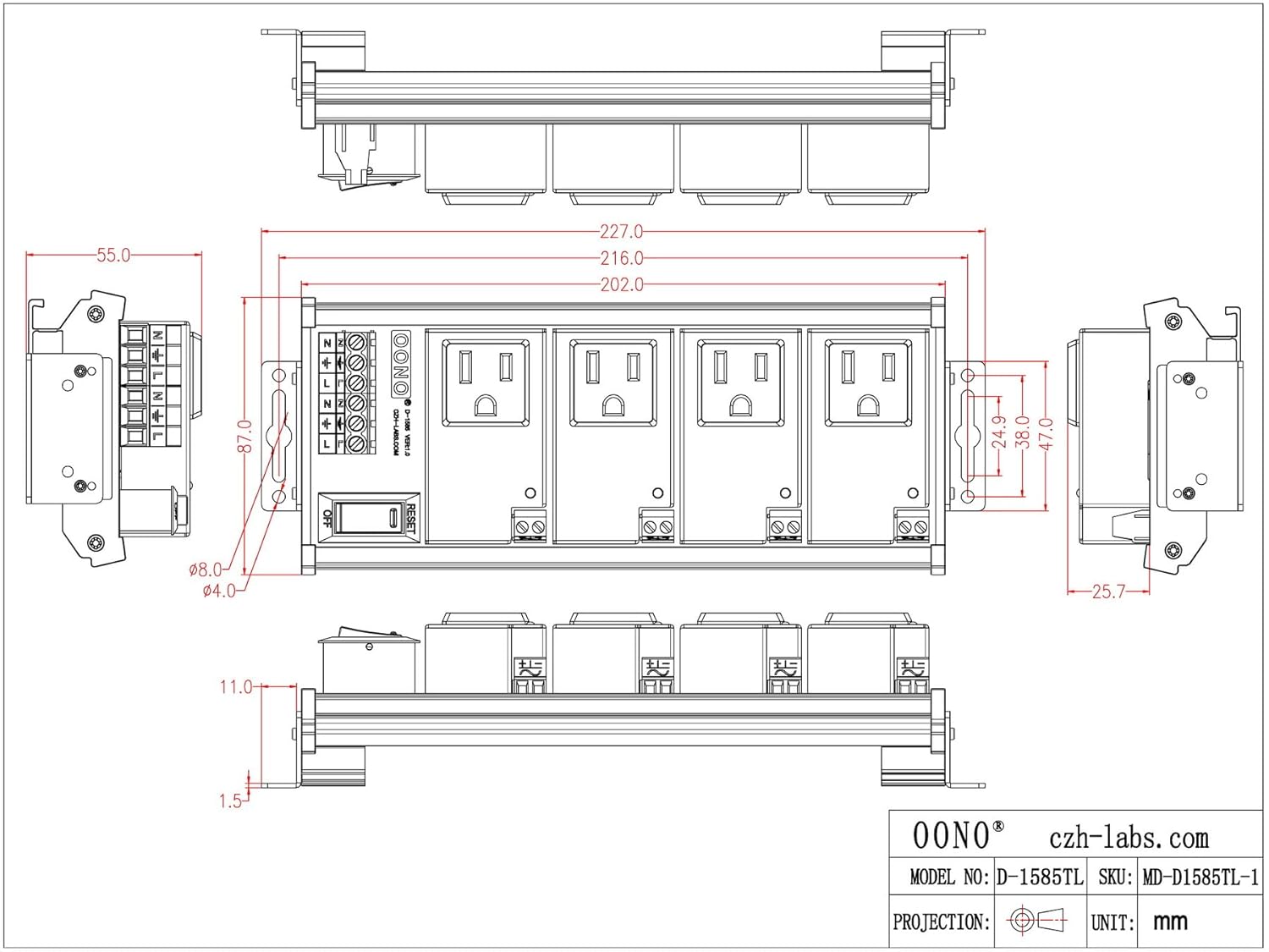 AC Power 4 Channel IoT Relay Outlet Module, DIN Rail or Screw Mounting (D-1585TL)