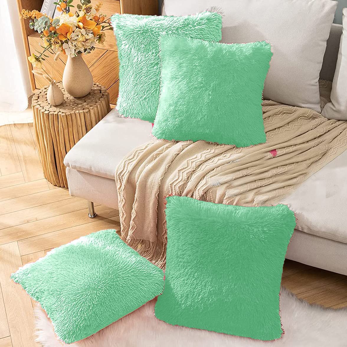 PICKKART Faux Fur Throw Pillow Covers-16" x 16",Set of 4 - Soft Cushion Cases - Fuzzy Fluffy Cozy for Sofa Bed Decor Couch Bedroom Without Insert. 16x 16 Inches/ 40 x 40 cm (Light Green) (B0BNMSCC4Y) Amazon Price History, Amazon Price Tracker