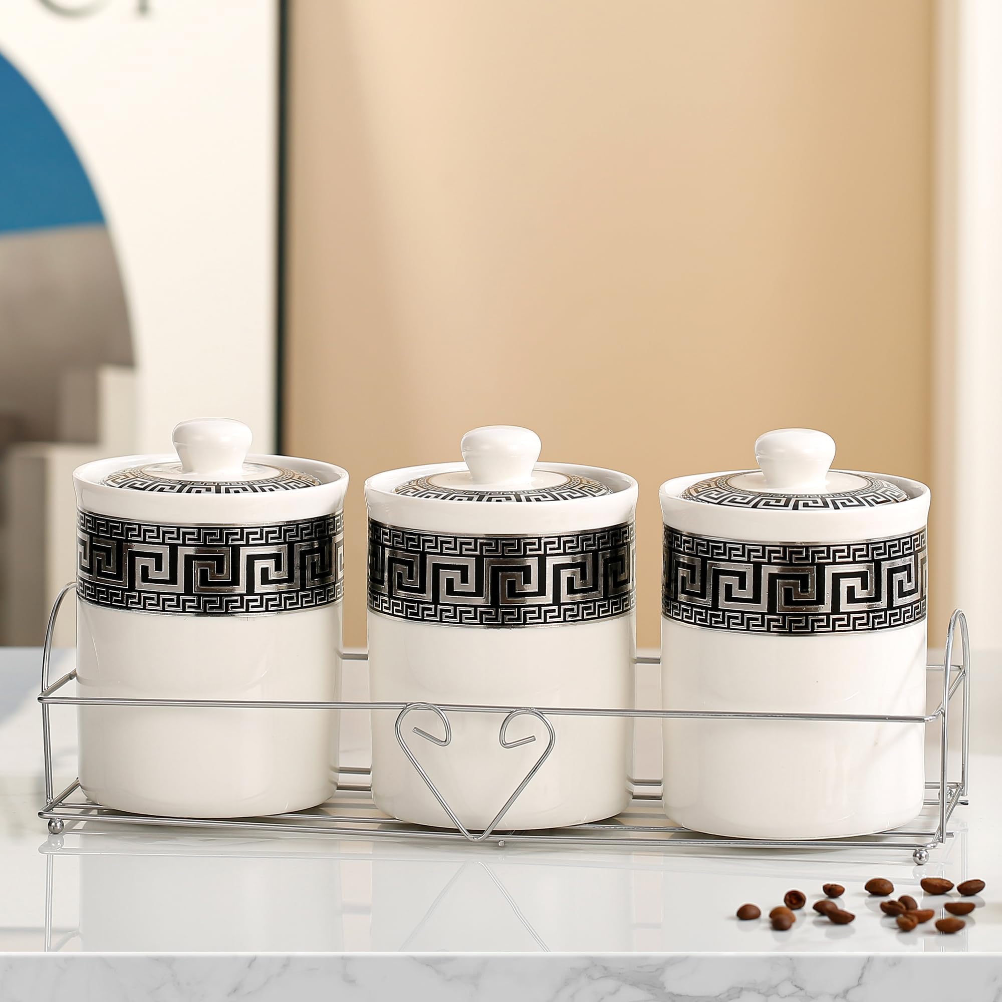 Kuber Industries Set of 3 (700ml) Airtight Ceramic Salt Jar Storage Set with Lid & Iron Stand For Kitchen Condiment | Chini Mitti Barni Pots Container for Spices | Multicolour-PLST300-7