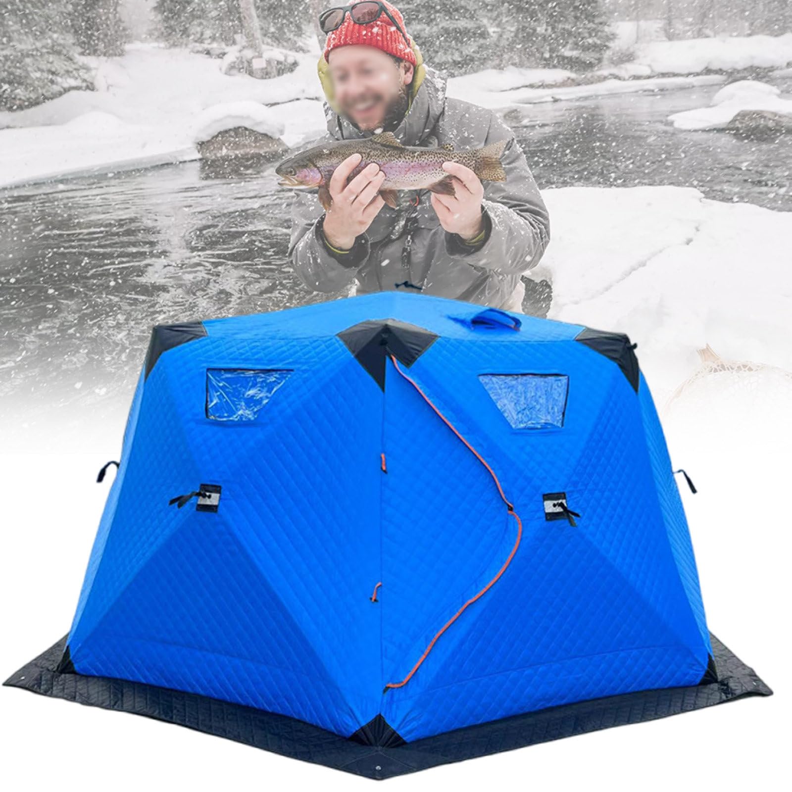 vnmudzeo 5-8 People Ice Fishing Shelter Pop-up,Double Door Outdoor Camping Cold Protection Hexagon Tent,with Carrying Bag, Ground Nail and Gale Rope,SkyBlue