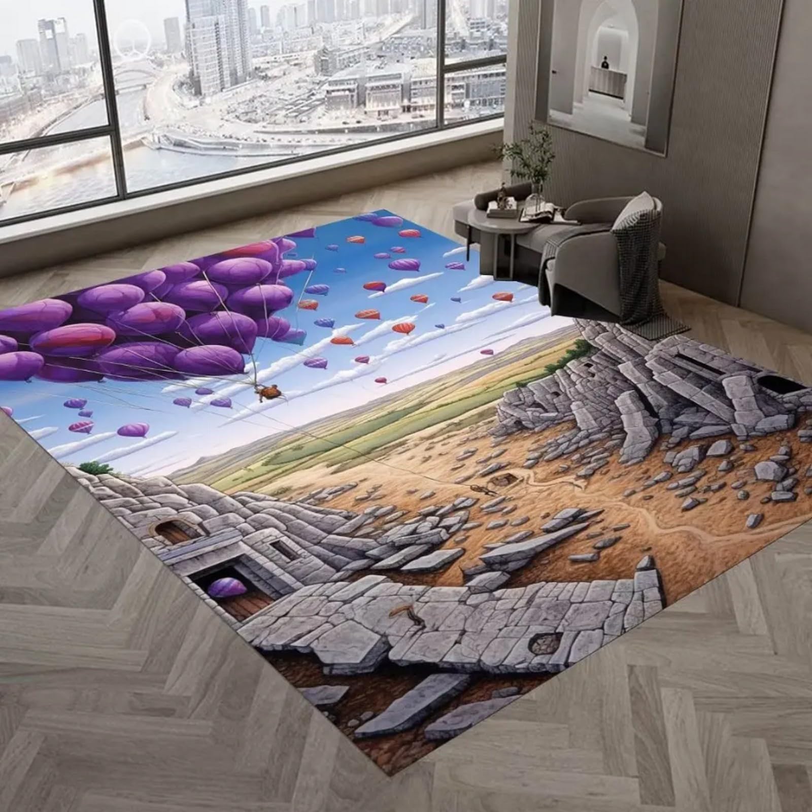 Tapis antidérapant paysage montgolfière 3D pour éviter les glissades dans le salon