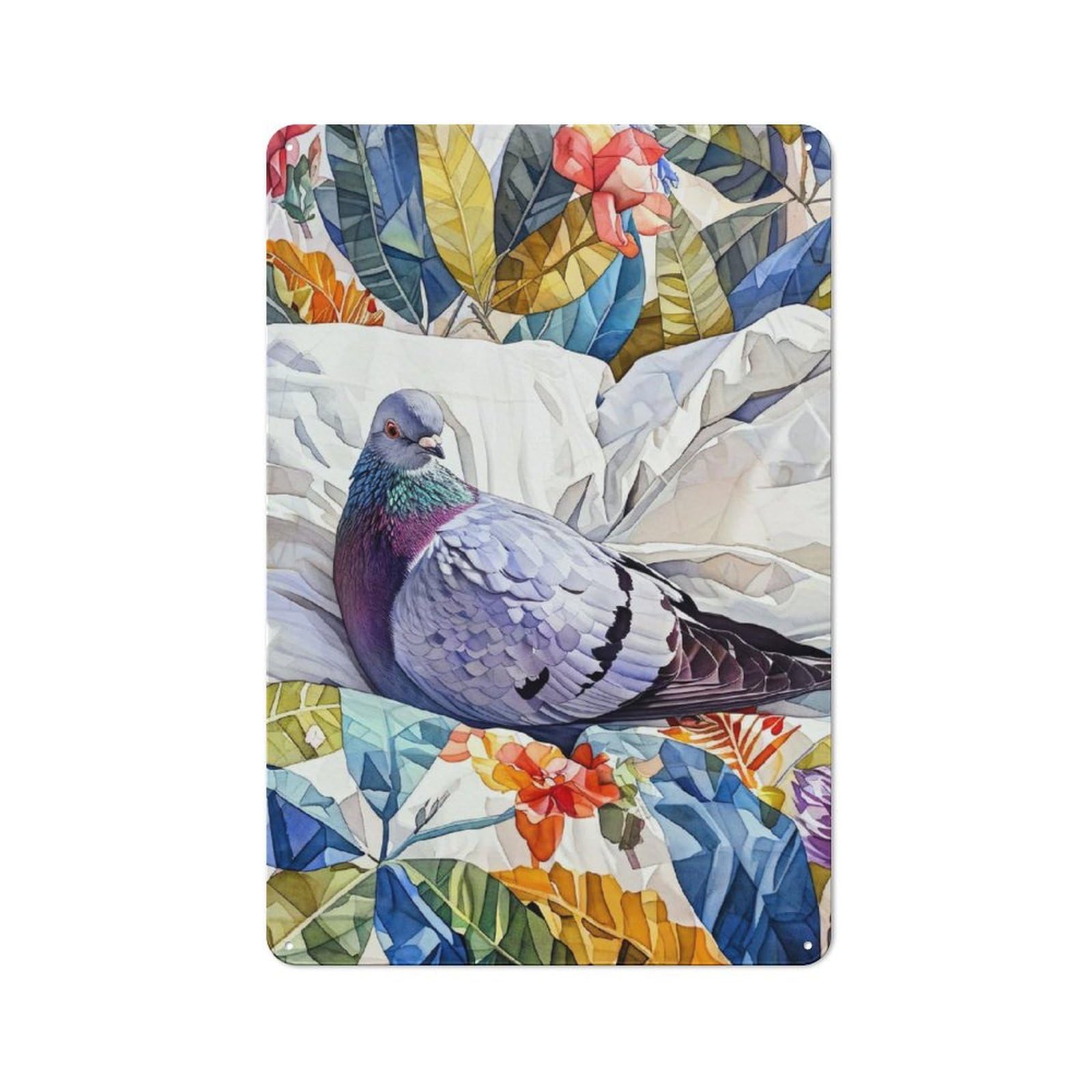 Retro Metal Wall Plaque 30x20cm Featuring Pigeon Illustration Art, Room Wall Plaque for Hallway, Home Bar, Garage Or Study