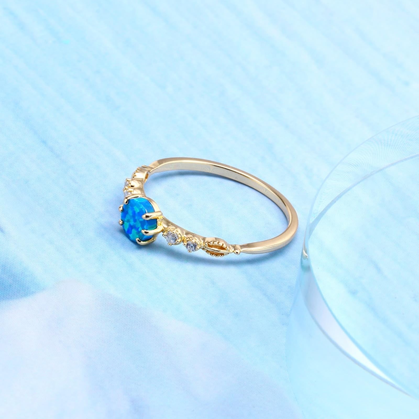 Alianzas auténticas de oro de 9 K/14 K/18 K con ópalo azul en 6 garras