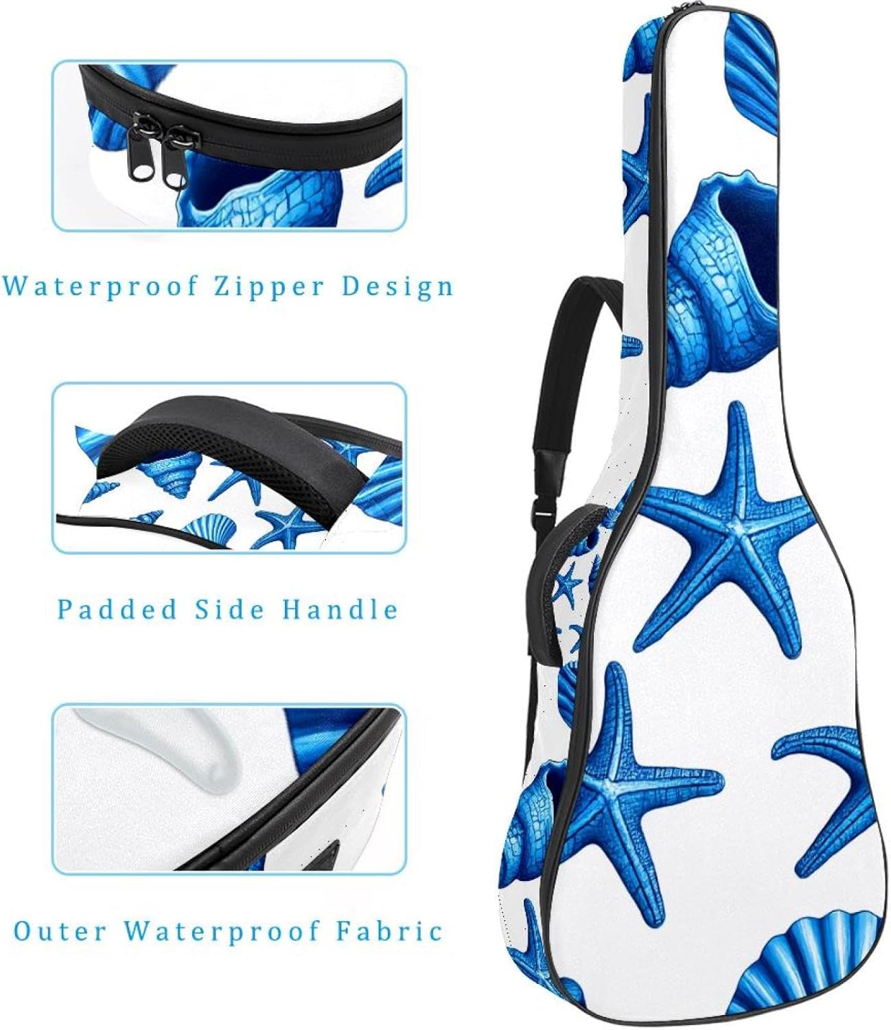 Acoustic Guitar Gig Bag 10mm Thick Padding, Soft Waterproof Guitar Case with Adjustable Backpack Straps for 40-42 Inch Guitar, Sea Shells in Blue on White