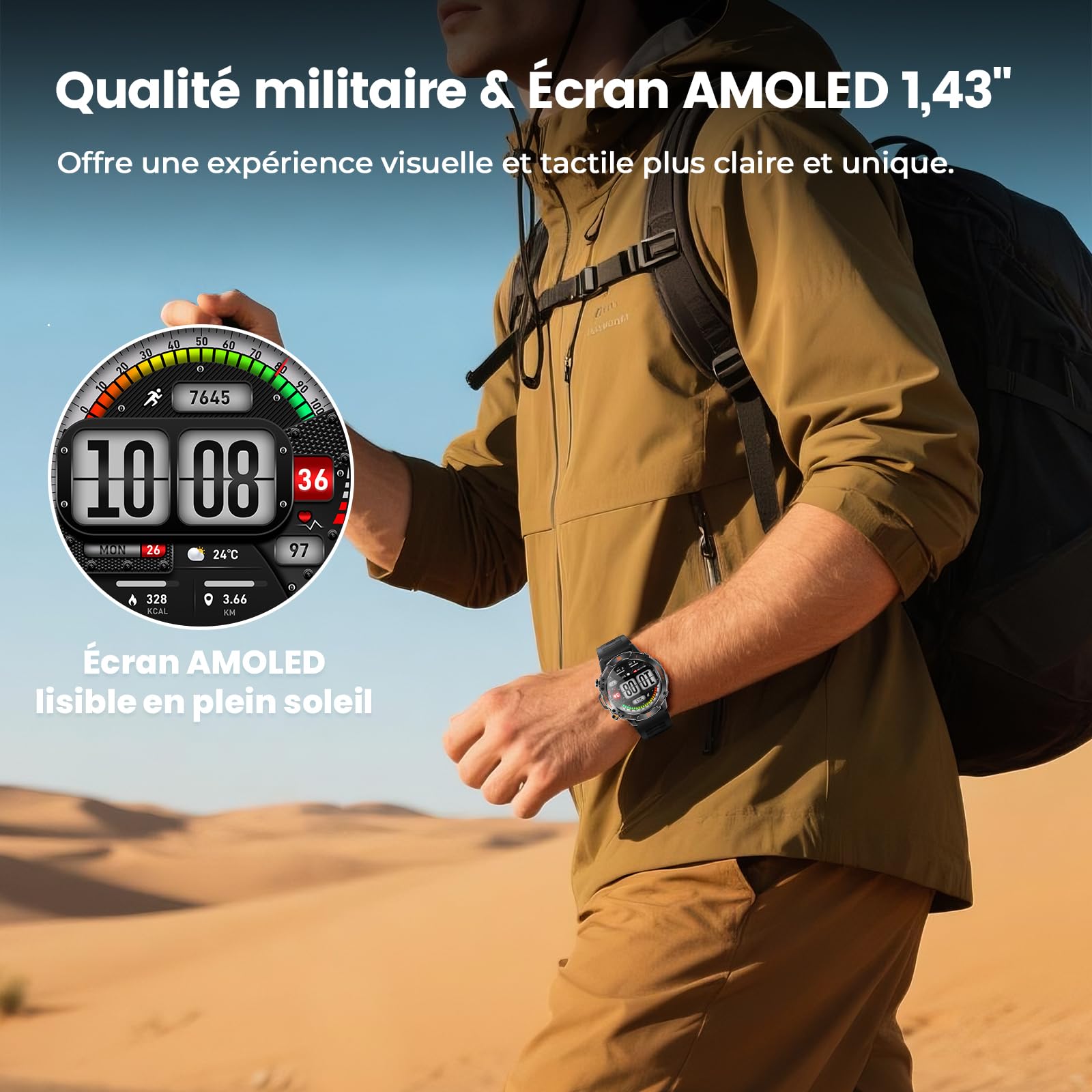 WalkerFit Montre Connectée Homme Outdoor, 1,43'' AMOLED Lisible au Soleil, Étanche 5ATM, Appels Bluetooth, Autonomie 60 Jours, Boussole, 170+ Modes Sport, Smartwatch Android/iOS (Noir)