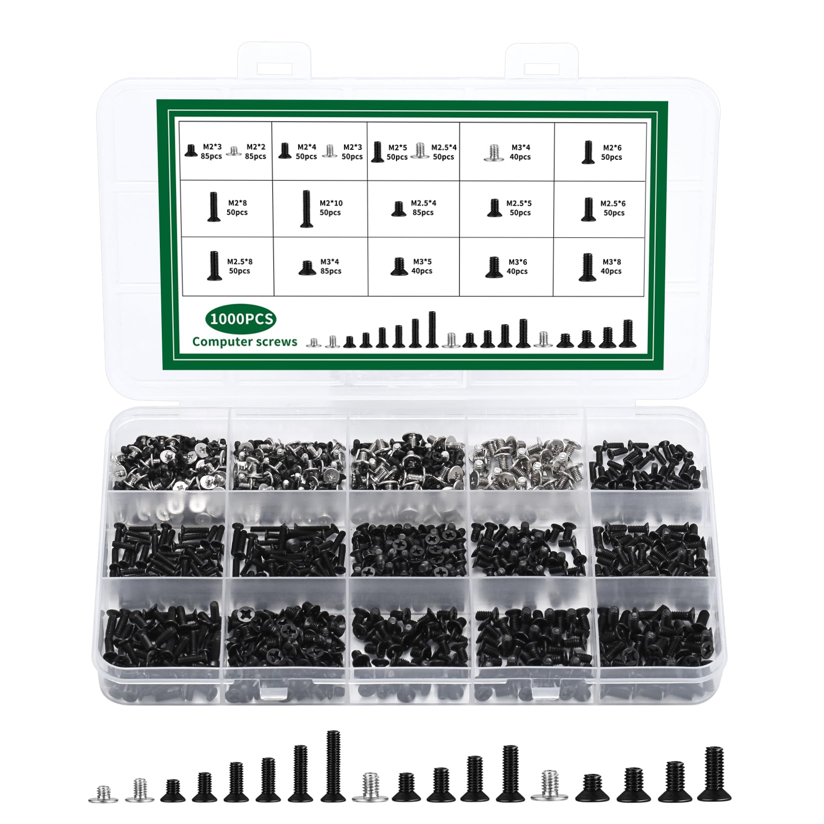 1000 Stück M2 M2.5 M3 Schrauben Set, Mikro PC Schrauben Set, Brillenschrauben Sets, Laptop Schraubenset, Kleine Selbstschneidende Computer Schraubenset für Reparatur Brillen Uhren Laptops HDD